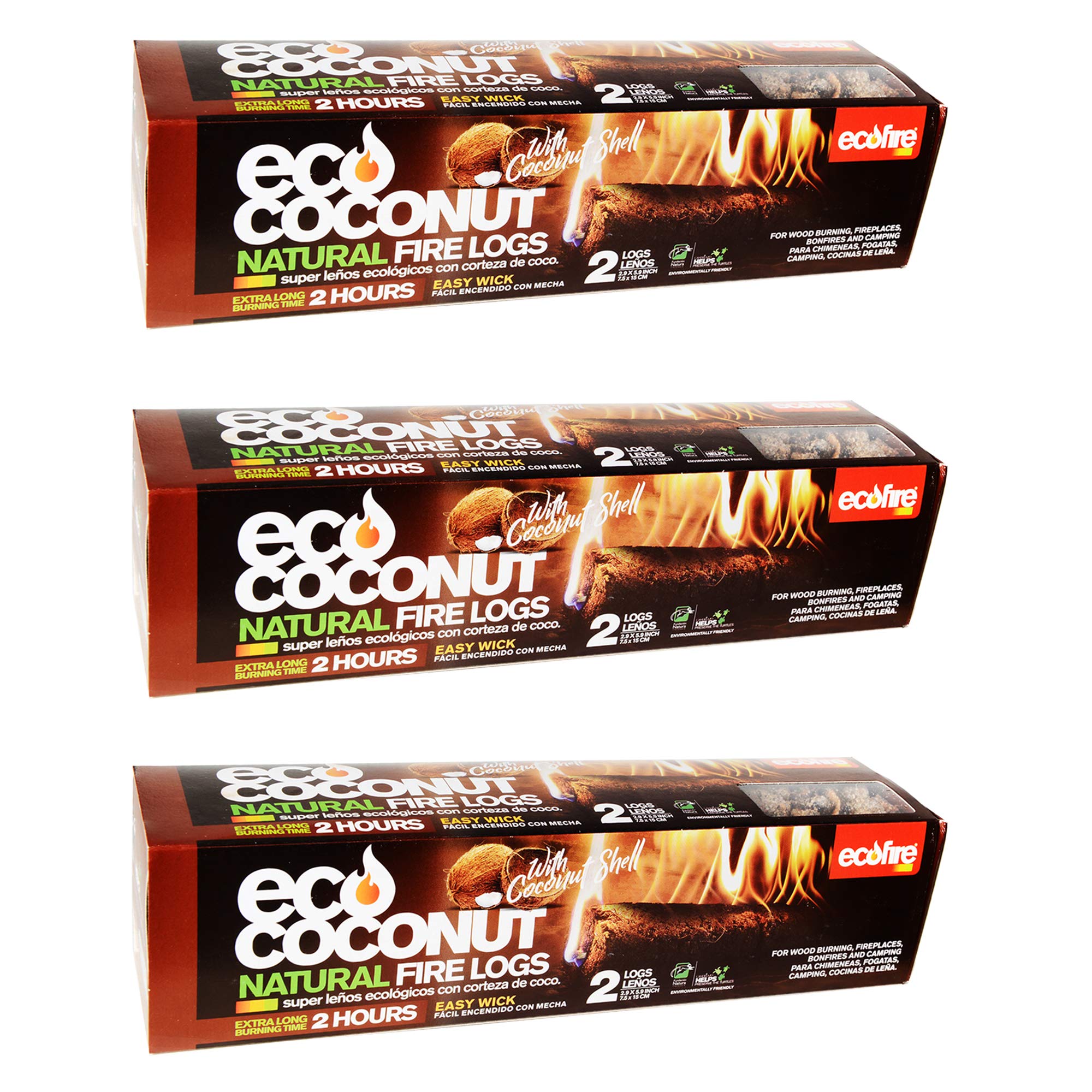 EcoFire ECO Coconut Natural Fire Log, 6 logs, 1 Hour Burn time, Extra Long Duration, Indoor or Outdoor, Brown