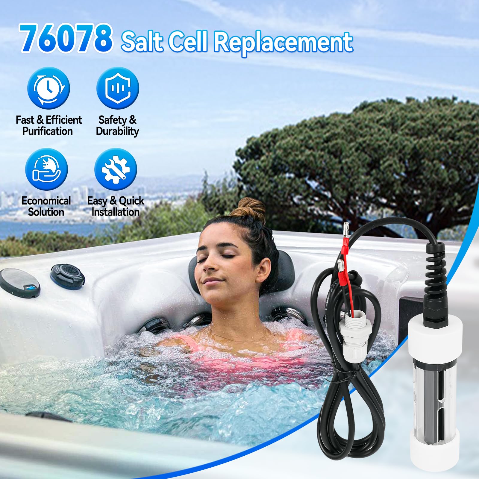 VLBPCR 76078 Salt Cell Replacement Fits for Hot Tubs Replacement for ACE Systems, Clear Housing, Plug & Play