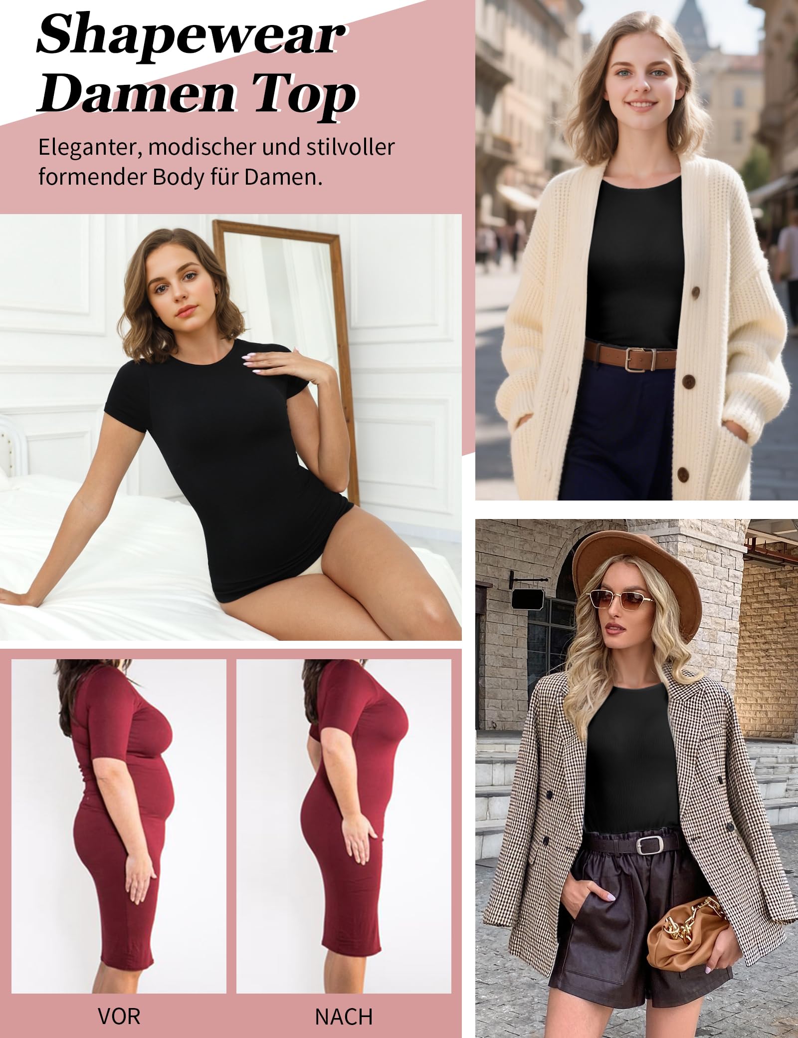 MISS MOLY Shapewear Damen T-Shirt Bauch Weg Kompressionsshirt Nahtloses Compression Shirt Figurformendes Tops Body Shaper Shirt Yoga Gym Top für Workout