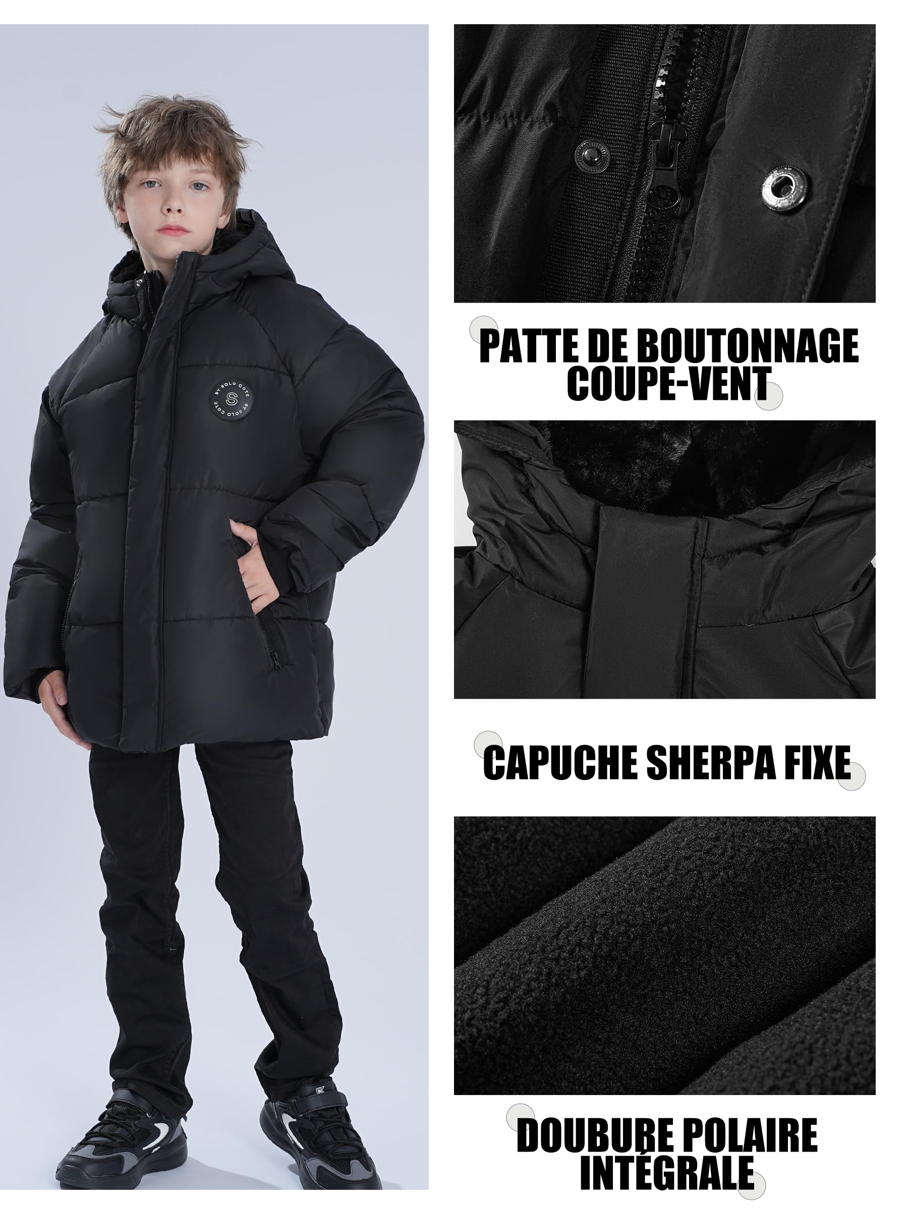 maoo garden Doudoune Hiver Garçon Lourd 128-152cm - Manteau Déperlant À Double Doublure Polaire Pour Grands Enfants