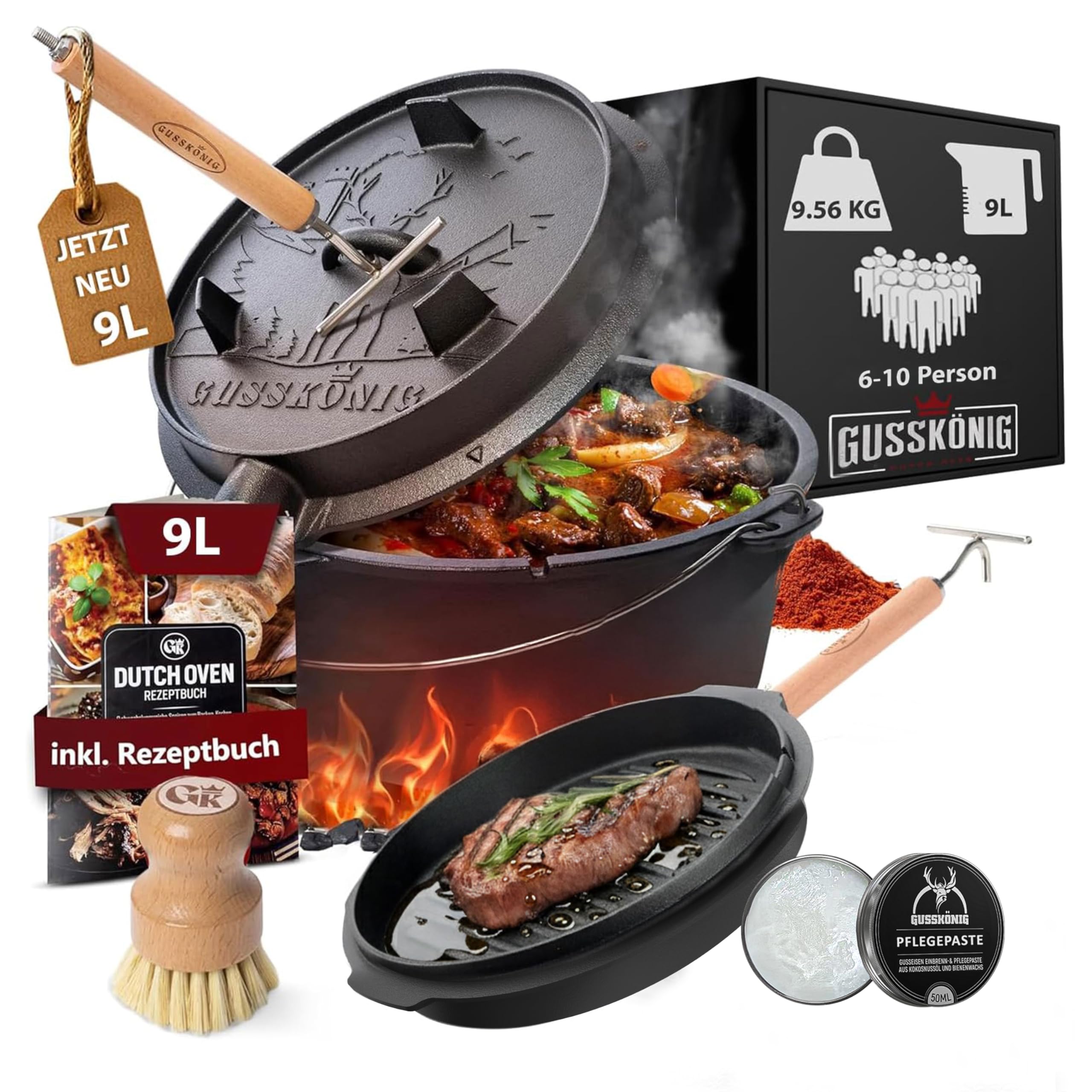 GUSSKÖNIG Dutch Oven Set - Eingebrannter Dutch Oven 9 Liter [6-10 Person]-Feuertopf Gusseisen mit Füßen-Schmortopf Doppelfunktion-2in1 Deckelheber, Bürste & DutchOven Rezeptbuch-30 Jahre Garantie