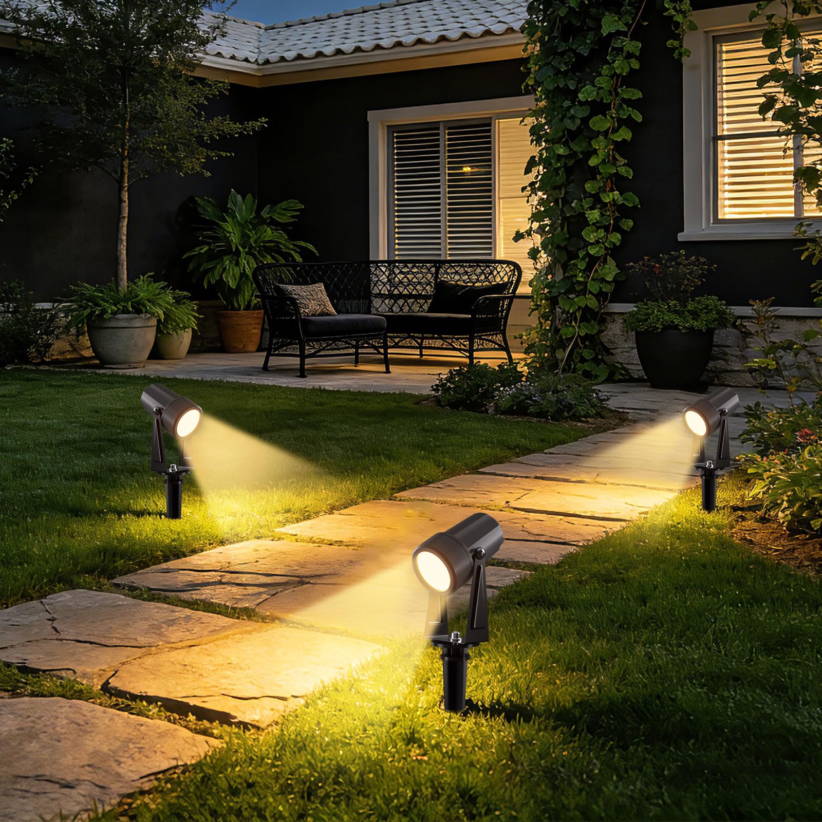 Gartenbeleuchtung LED, 35m 27V Dimmbarer LED-Strahler mit Fernbedienung/Timer/4 Lichtstufen, IP65 Wasserdichter Gartenstrahler, 3000K Gartenleuchten , Gartenlampen für Außen, Garten, Hof (10 in 1)