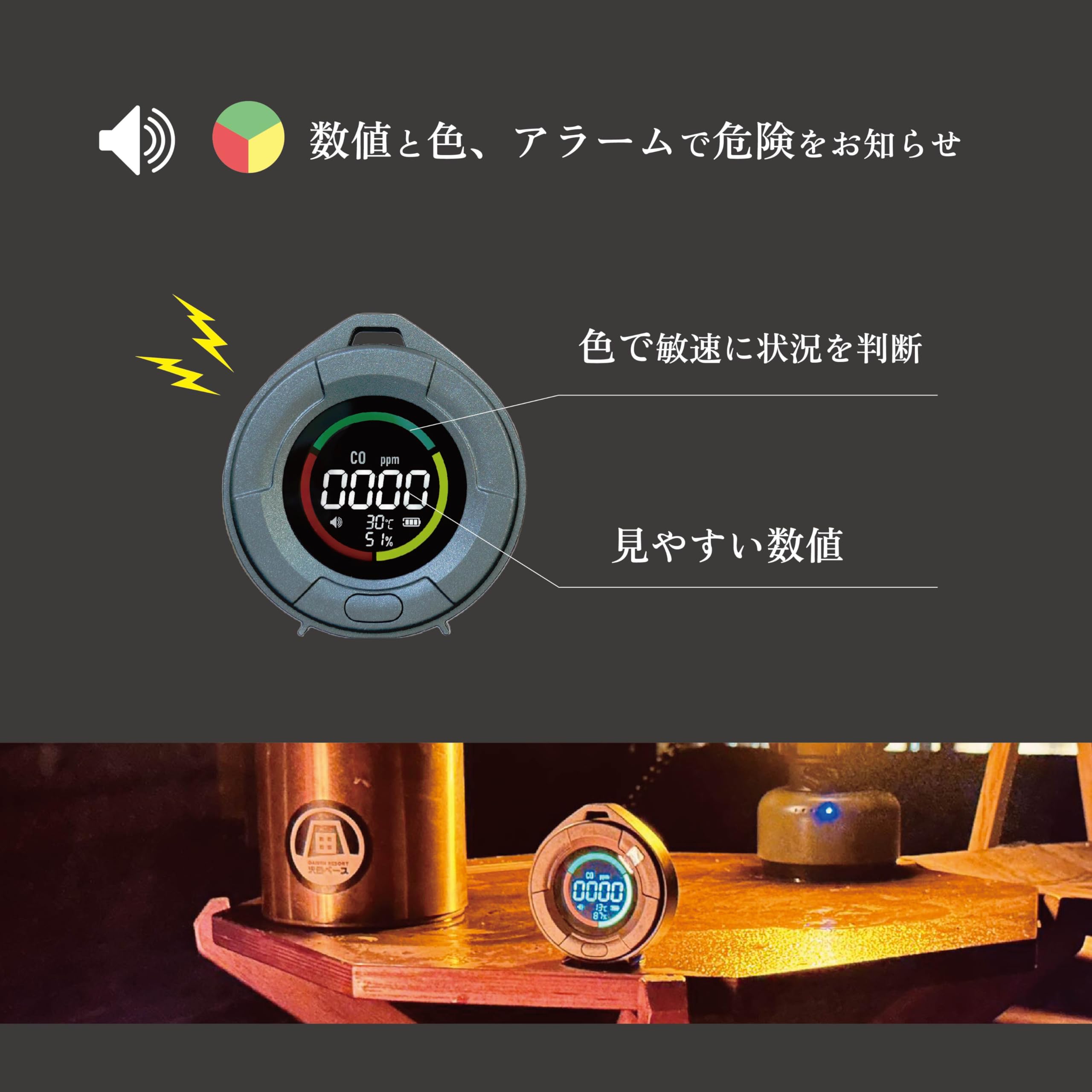 [TOMONARI] 一酸化炭素チェッカー 日本製センサー 充電式 キャンプ アウトドア 車中泊 ストーブ 薪 CO 検知器 アラーム 警報 カラビナ付属 沢田テント (ストーングレー)