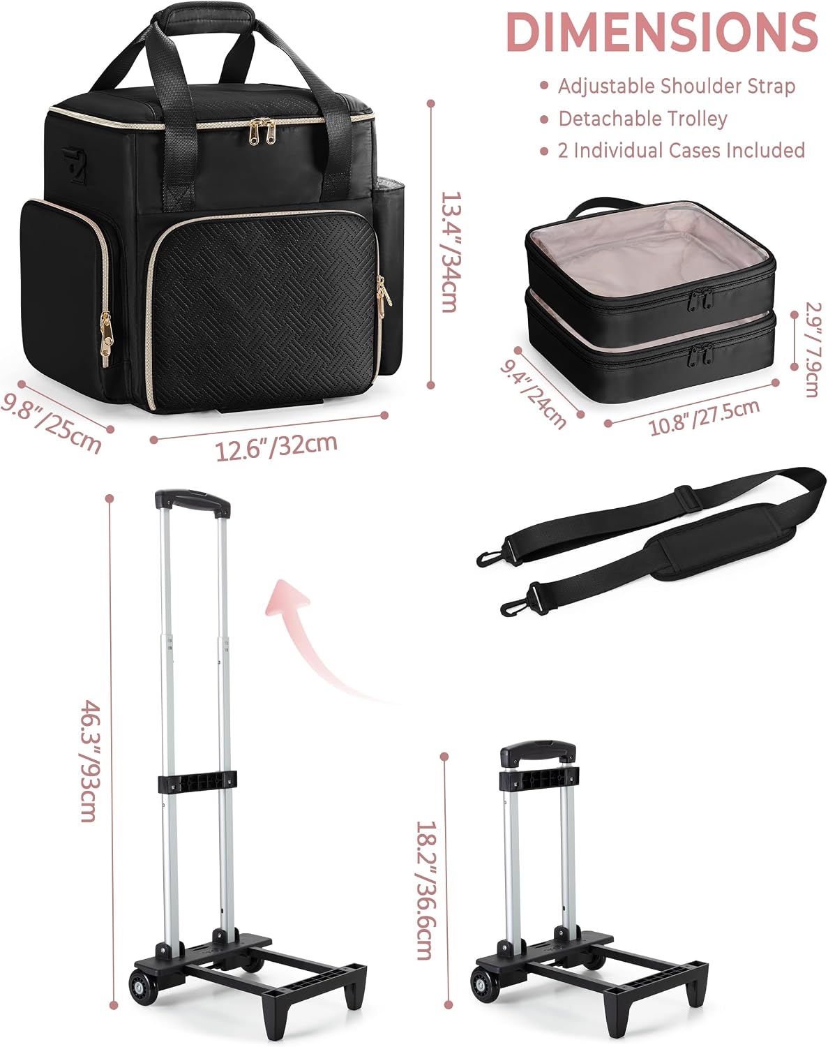 Rolling Hairstylist Travel Bag, Hair Tool Bag with 2 Removable Pouches and Heat Insulation Layer, Makeup Cosmetology Bag on Wheels for Hairdresser, Black