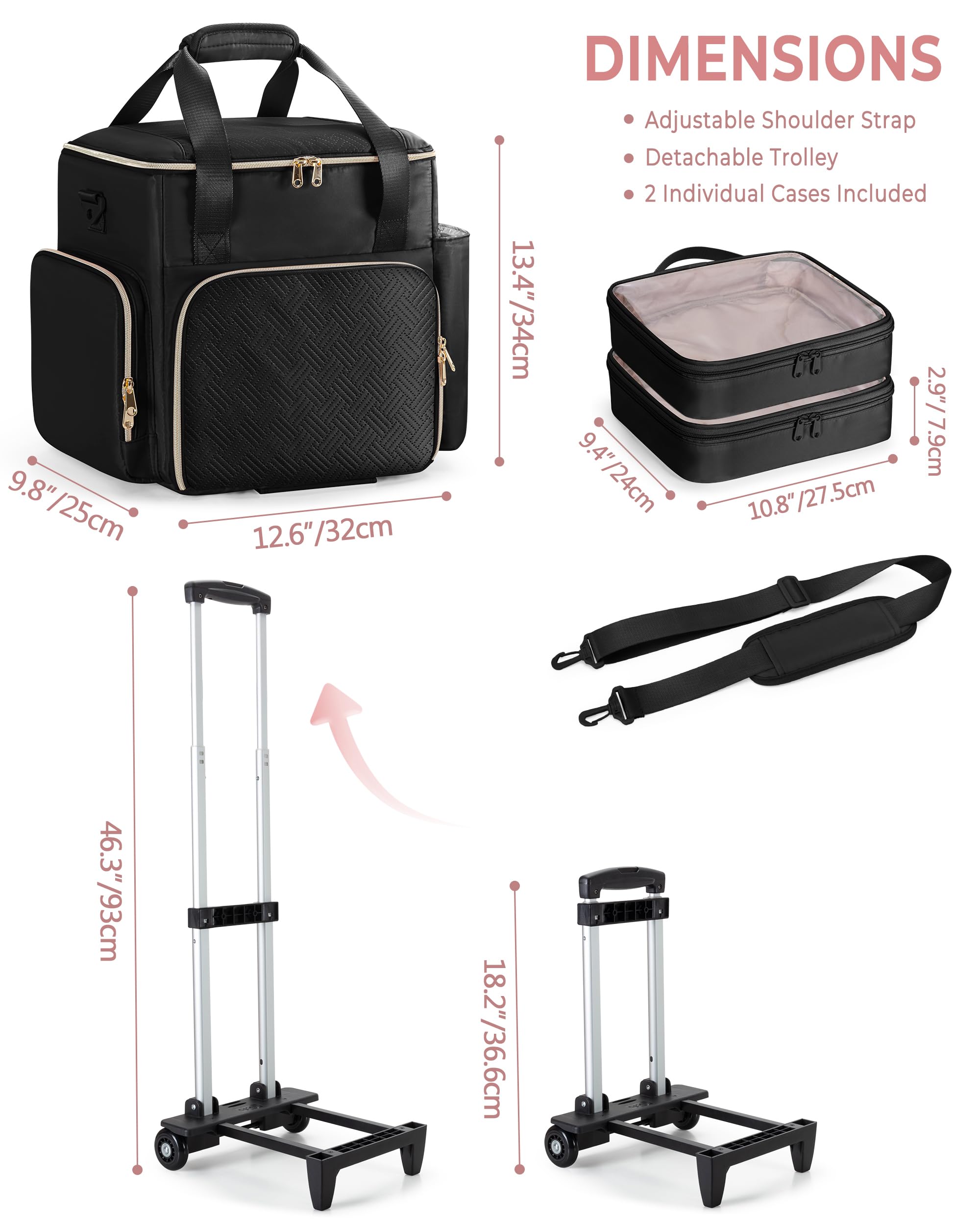 Borsa Trolley da Viaggio per Parrucchieri, Borsa Porta-Attrezzi con 2 Pochette Rimovibili e Strato Termoisolante, Valigia su Ruote per Cosmetica e Make-up, Nero