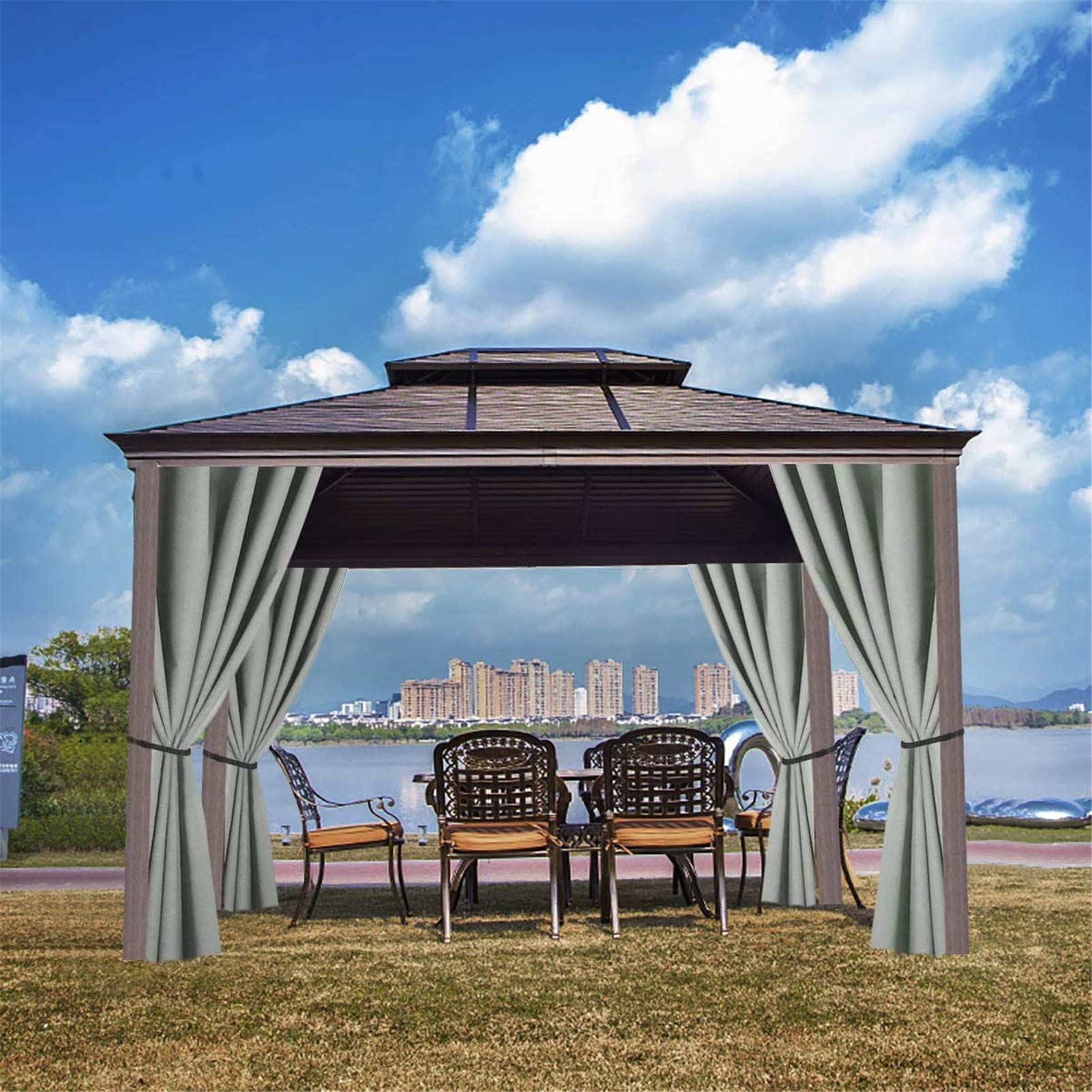 Wasserdicht Outdoor Vorhänge Mit Anti-Rost Ösen, Verdunkelungsvorhang Wetterfest Für Terrasse Garten Veranda Pergola Und Strand-Haus Sonnenschut (W134*H210cm-2 Piece,Grau)