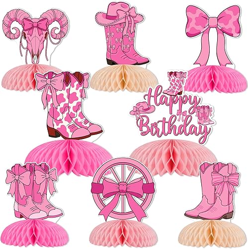 SHADOAMP 8pcs Cowgirl Honeycomb Centerpieces, Western Bow and Boots Pink Table D