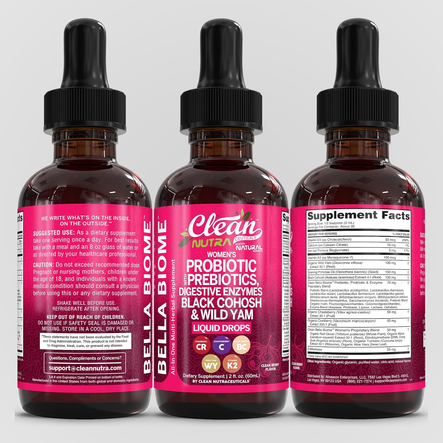Liquid Probiotics for Women Drops with Chasteberry, Black Cohosh, Prebiotics, Digestive Enzymes, Evening Primrose Oil, Wild Yam, Cranberry Dmannose and Iron Vitamin D3 K2 Clean Nutra Bella Biotics (2) - Image 8