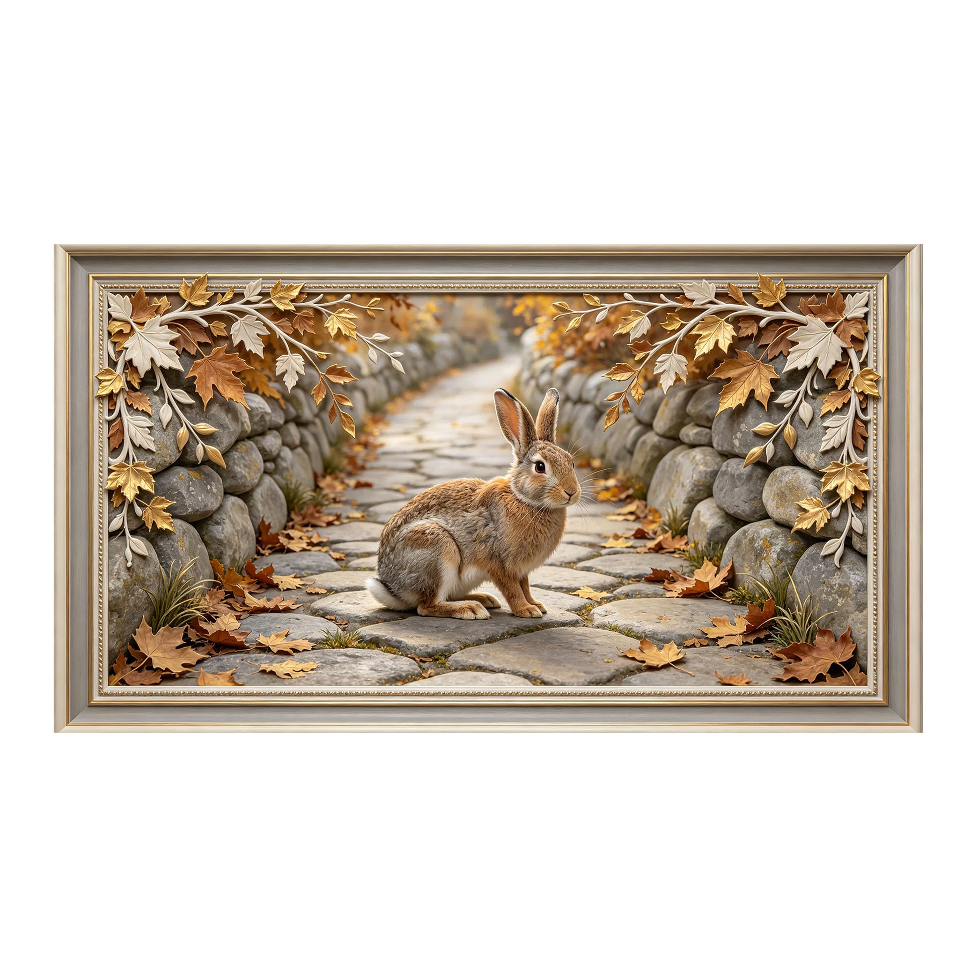 Yzpallescene 3D 3D Framed Wall Art 50cm×90cm Autumn Forest Path Rabbit Realistic Nature Landscape Large Size SelfAdhesive Removable Wall Decor Prints Artwork for Living Room Bedroom Office