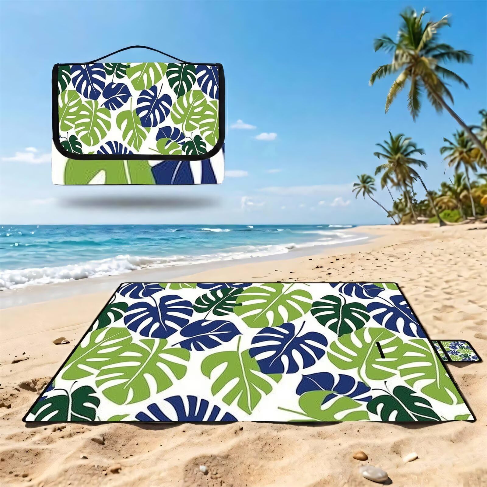 Coperta de Picnic Grande 200x200 cm,Blu navy Manta Picnic Impermeable Anti-Sabbia Manta de Playa Pieghevole,Outdoor Picnic Blanket per Spiaggia,Camping,Giardino,Trekking - piante tropicali (2) FZ-55
