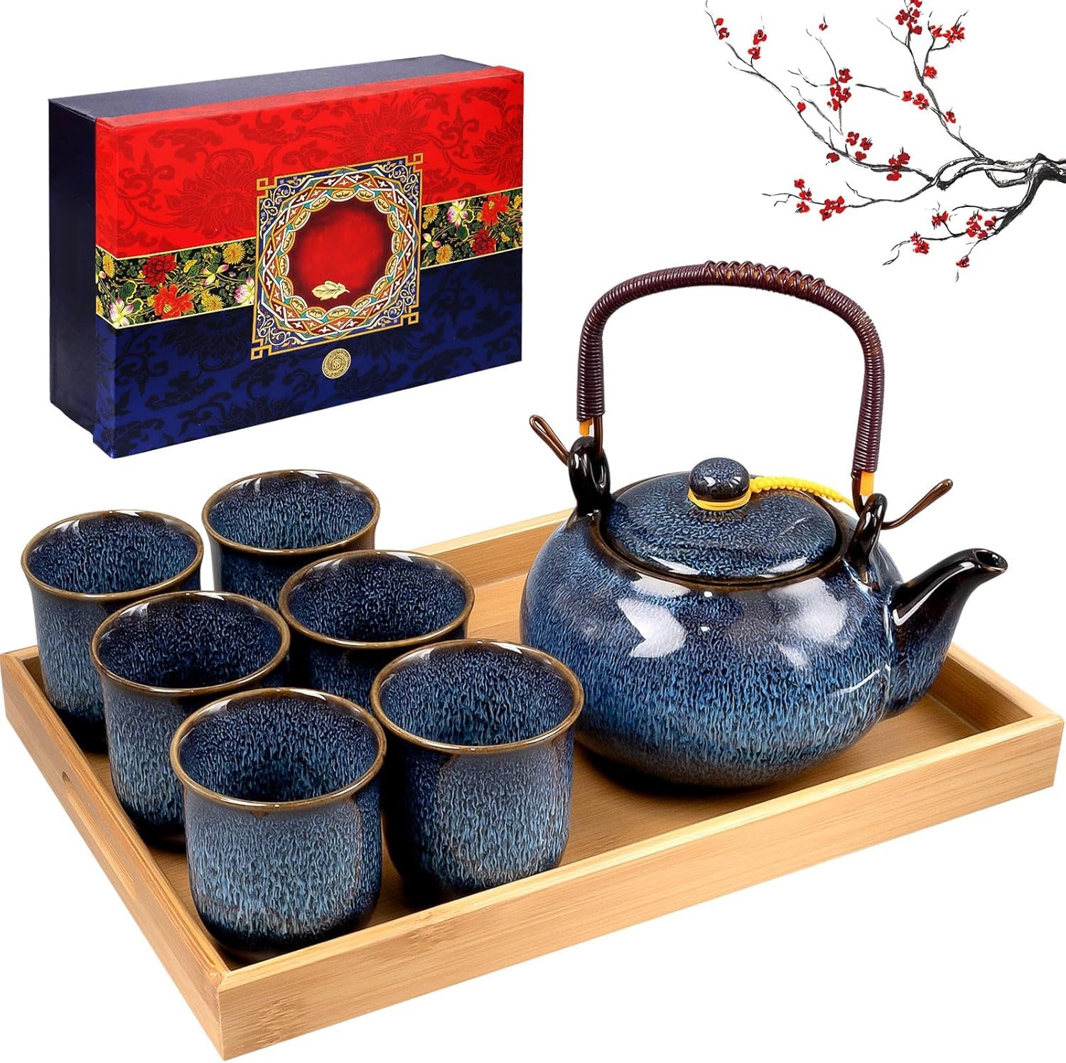 Service à Thé Japonais en Porcelaine, Théière Bleue 650ml avec 6 Tasses, Plateau en Bois et Coffret Cadeau, Service à Thé en Céramique Émaillage Four Traditionnel pour Adultes, Idée Cadeau Homme Femme