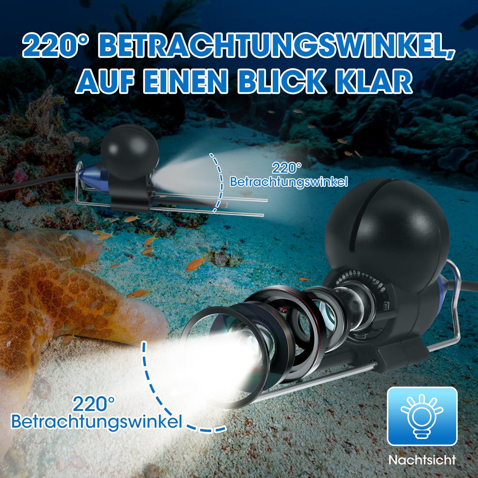 Fishfinder Cámara Submarina Pesca, Gran Angular Infrarrojo Visión Nocturna, Cámara Submarina Buscador de Peces con 220° HD Cámara y 30 m de Cable para Todas las Aguas - Cámara de Pesca para Pescadores