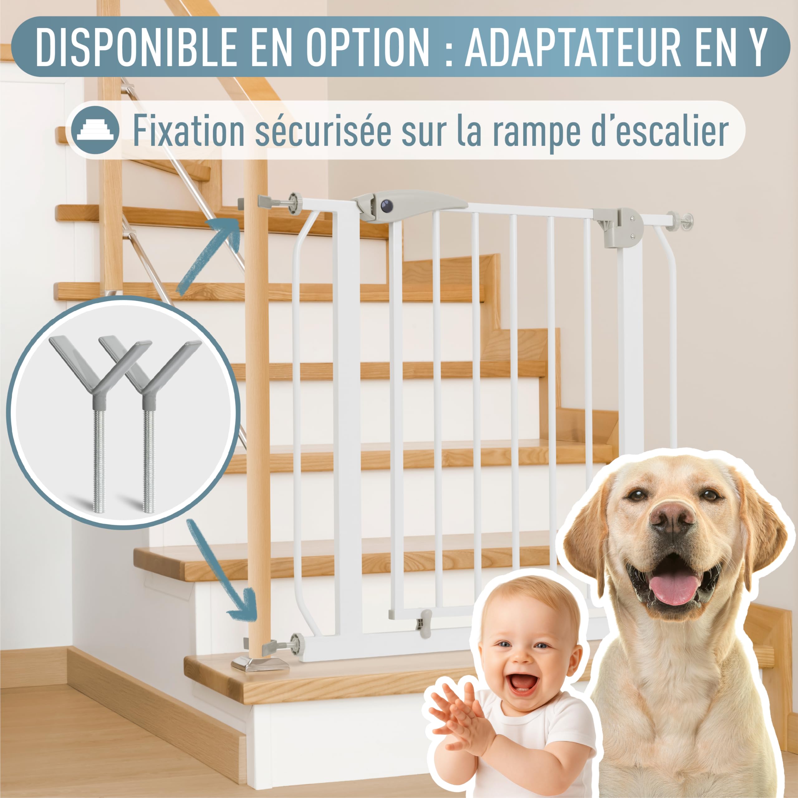 IB STYLE Barrière de Sécurité Berrin 58-185 - Barrière d'escalier, sans Perçage, Fixation par Pression, pour Enfants 6 a 24 Mois, Blanc Gris, 85-95 cm