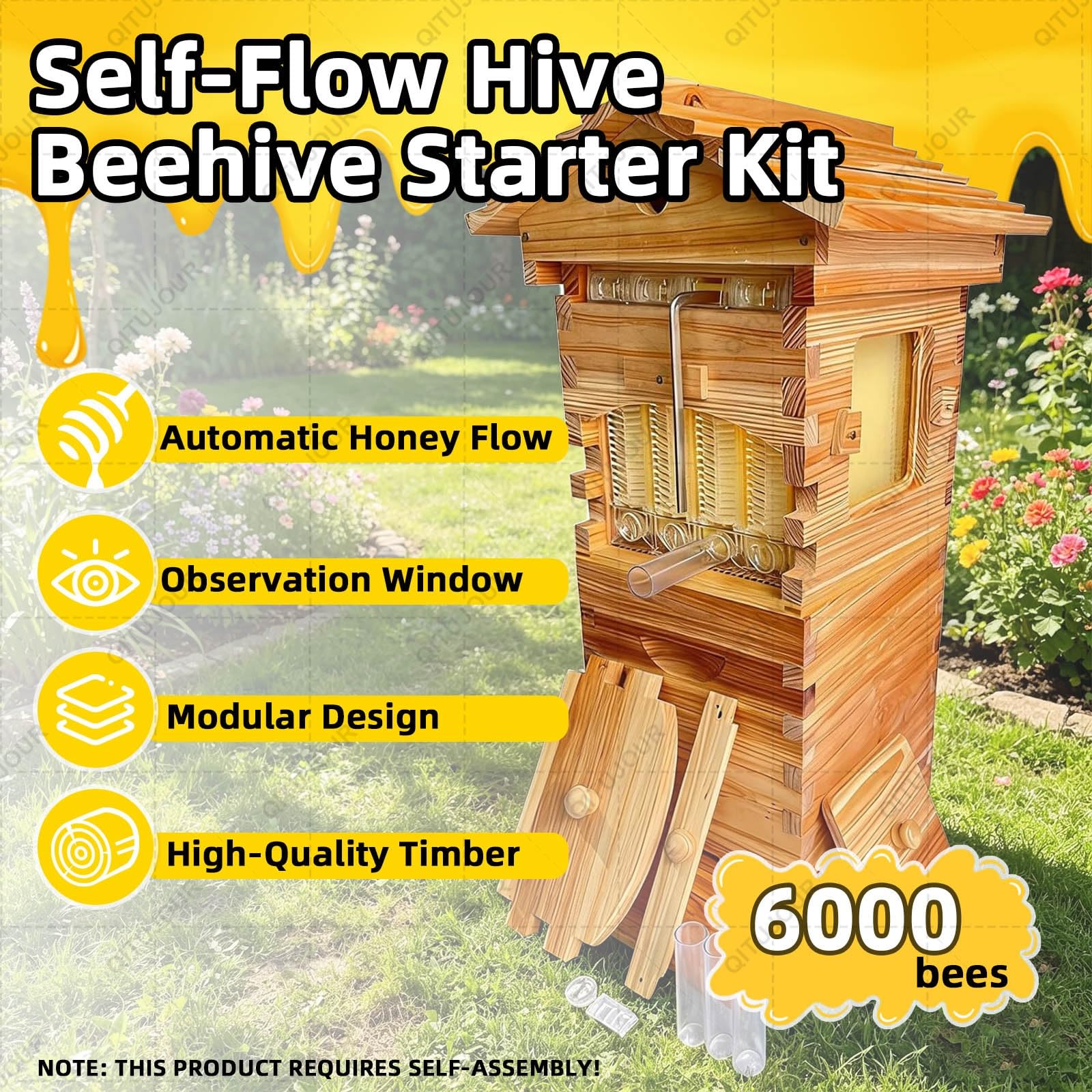 Kit Di Avviamento per Apicoltura, Casetta per Api in Legno B-Ee Hive Con Sist-ema Automatico Di Flusso Del Miele, Finestra Trasparente per Monitorare La Colonia, Ad Apicoltori Esperti E Principianti