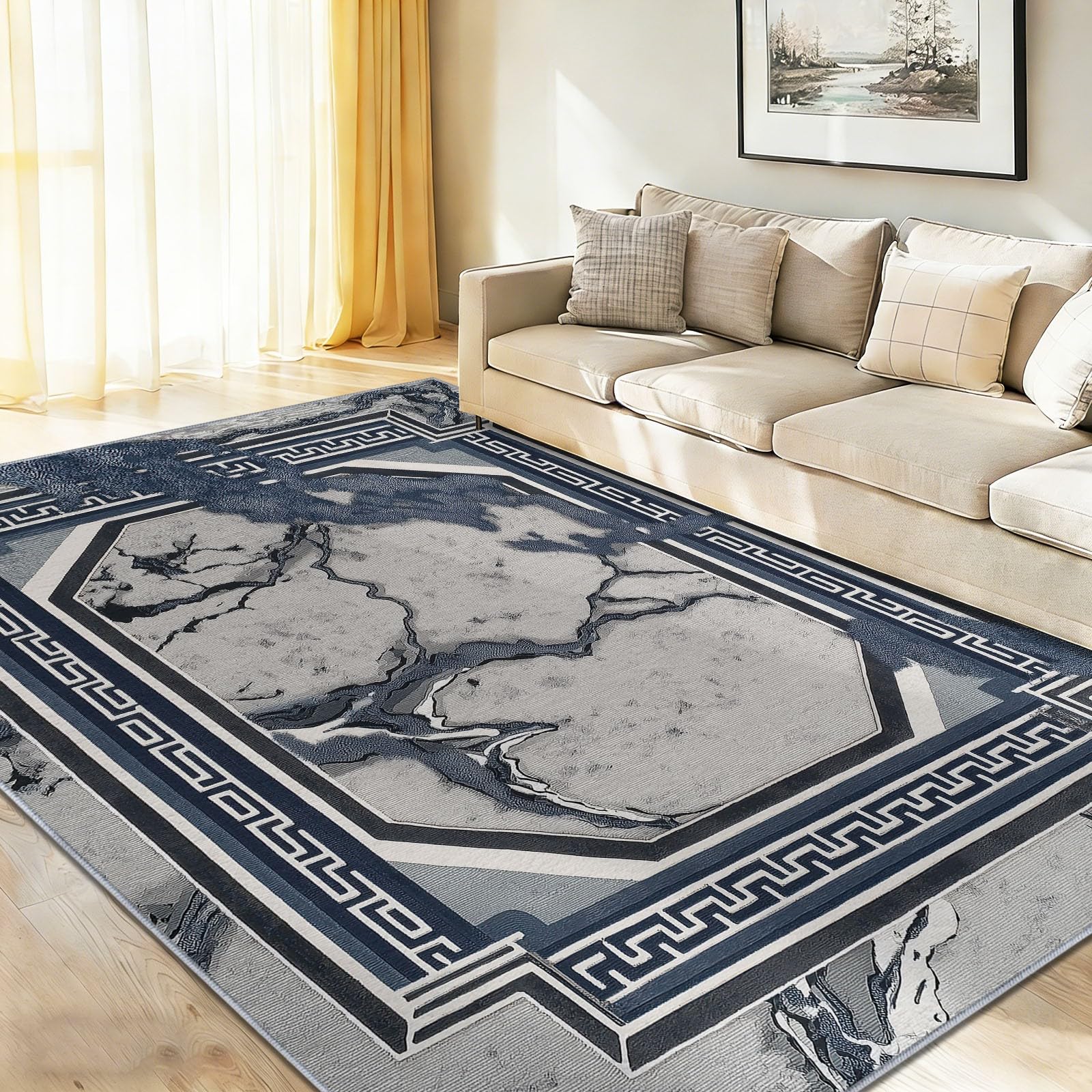 Tapis de salon géométrique bleu-gris idéal pour entrée, bureau et chambre