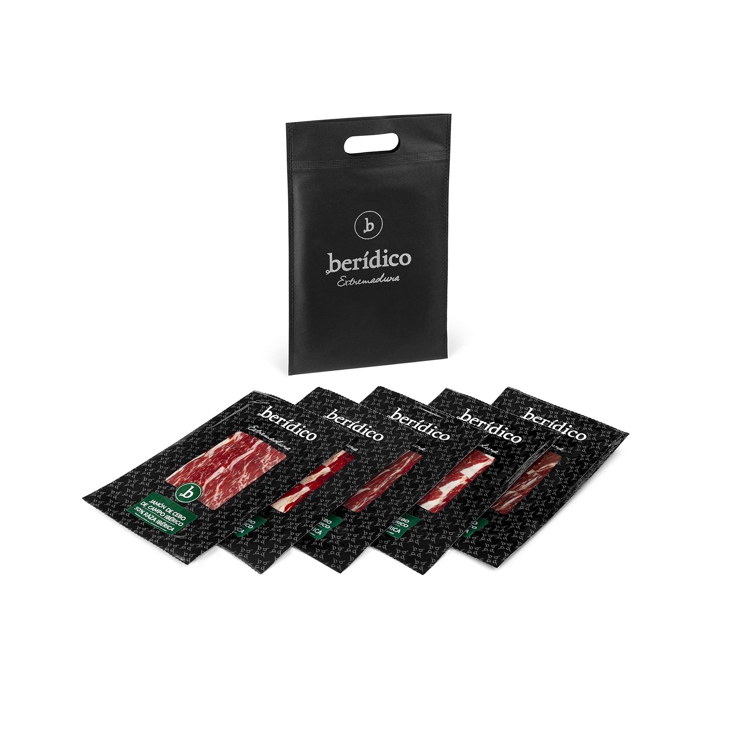 Jamón de Cebo de Campo 50% raza Ibérica. Pack de 5 sobres de 100 g loncheado corte tradicional y envasados al vacío. Elaborado artesanalmente. Jamón ibérico loncheado. Extremadura. BERÍDICO