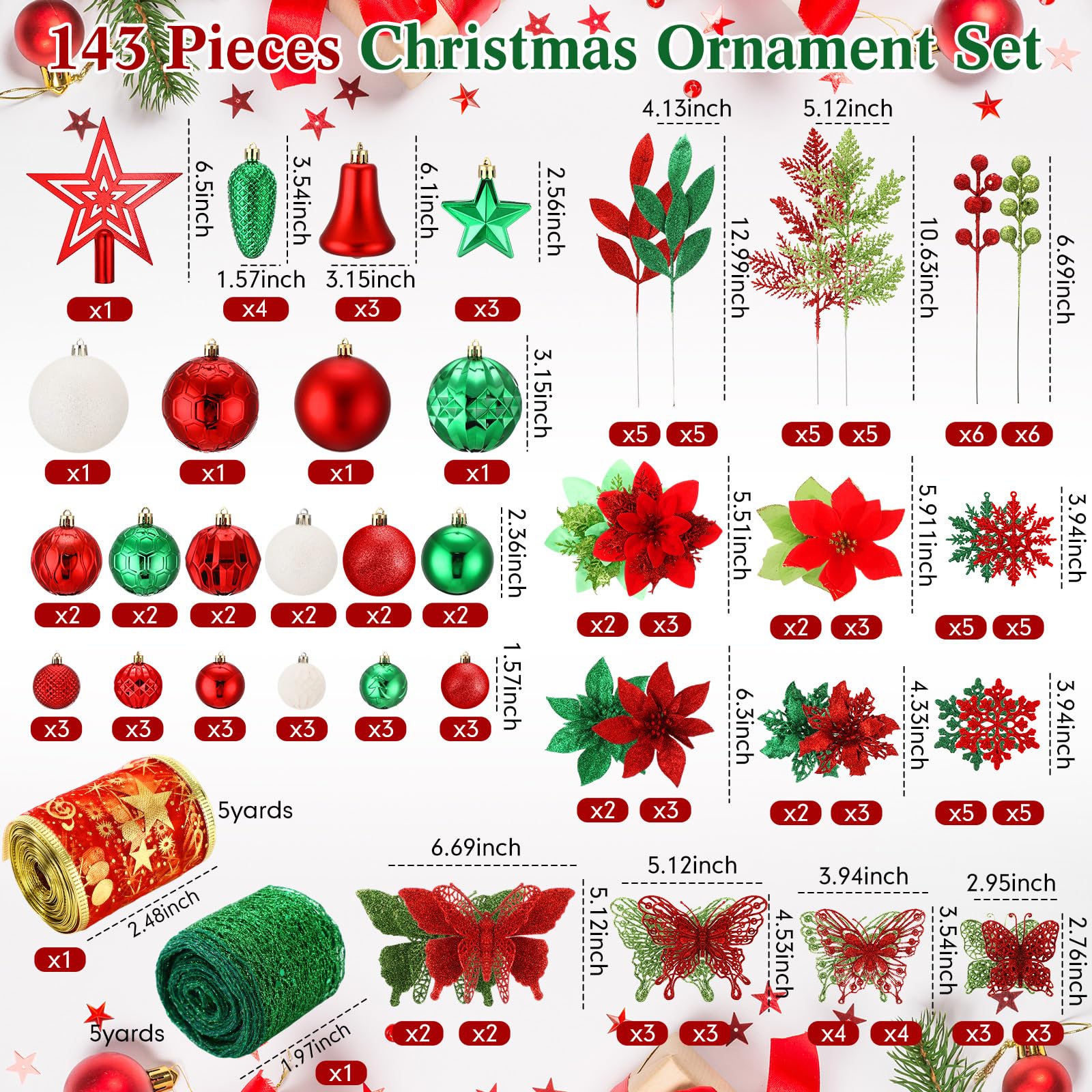 XunYee Lot de 143 décorations à suspendre pour sapin de Noël – Boules incassables – Flocon de neige, papillon, poinsettia, fleurs et baies – Rubans pour décoration de fête (rouge, vert, blanc)