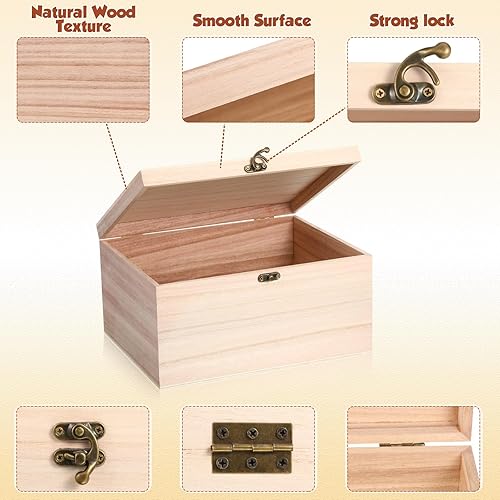 Miniatura 4 de Yookeer 6 cajas grandes de madera sin terminar con tapa con bisagras y cierre frontal, cajas de madera rectangulares sin pintar, cajas de madera