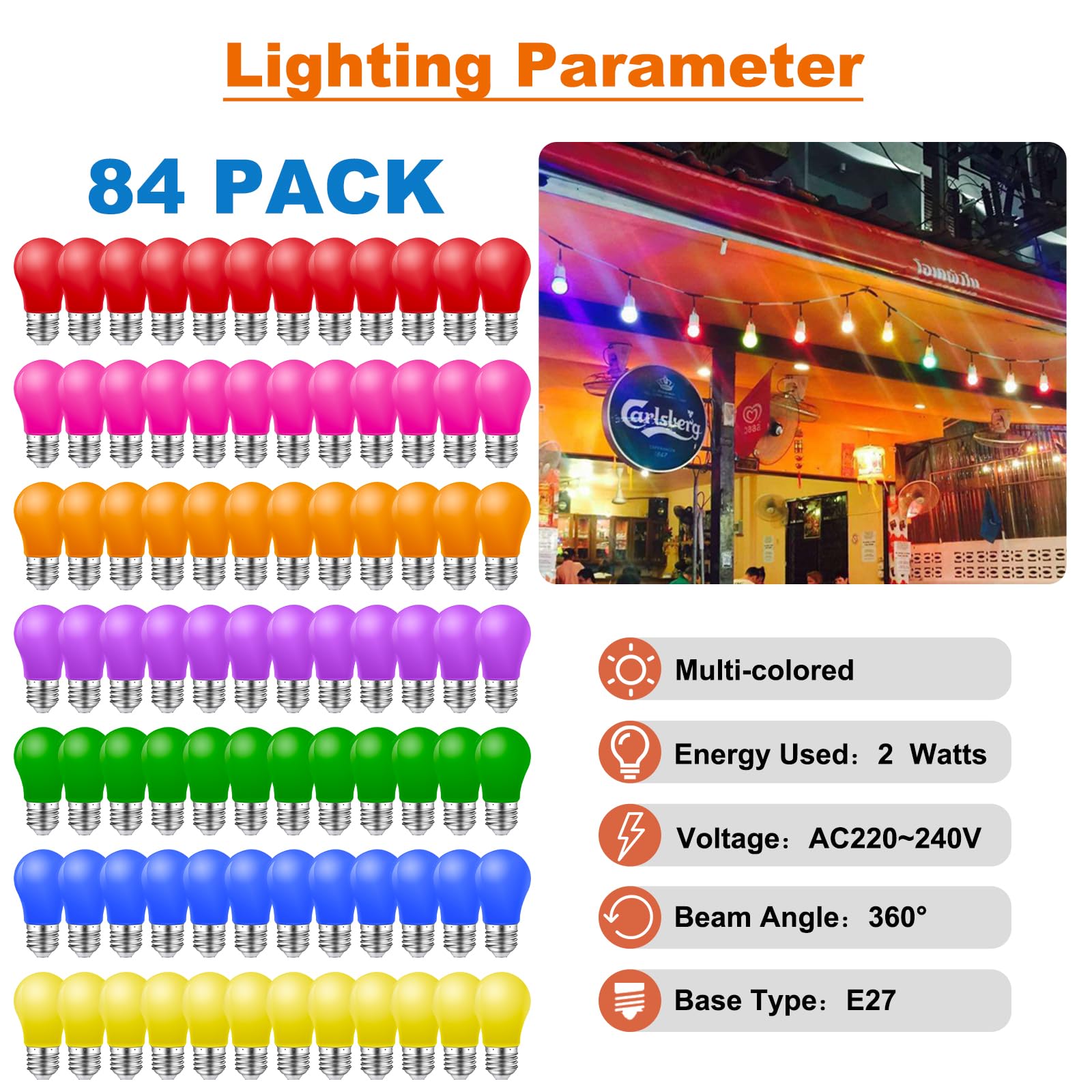 84er Pack Bunte Glühbirnen E27,2W Farbige Glühbirne E27 LED Birne,E27 LED Bunt für Lichterkette,Bunte Glühbirnen außen,Party,Weihnachten Deko,Rot Grün Blau Orange Gelb Rosa Violett