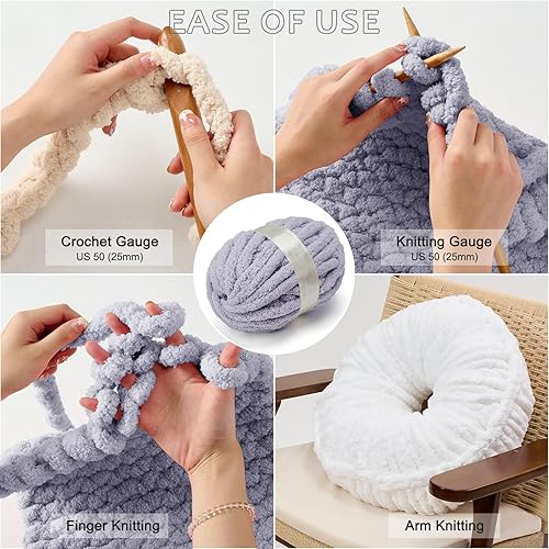 Miniatura 6 de ERLYEEN Hilo grueso de chenilla súper voluminoso, suave, grueso, esponjoso, gigante, lavable, de poliéster grande, para bricolaje, manta de punto,