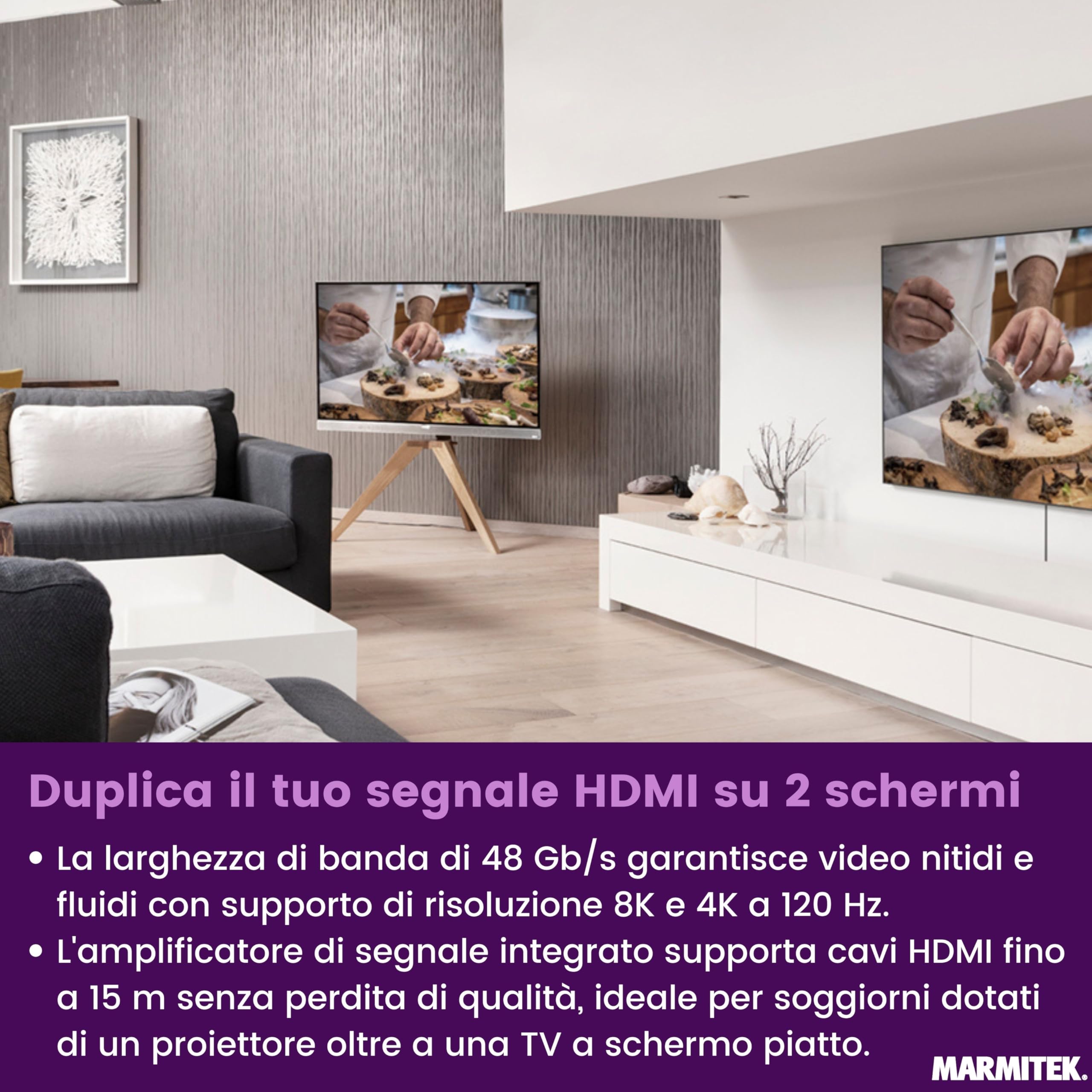 Marmitek Split 712 - Splitter HDMI 8K60 4K120 1 ingresso 2 uscite | Ripartitore HDMI 2.1 per gaming, VRR, ALLM, QMS, QFT, Downscale EDID, 40 Gbit/s, HDCP 2.3 e scocca metallica