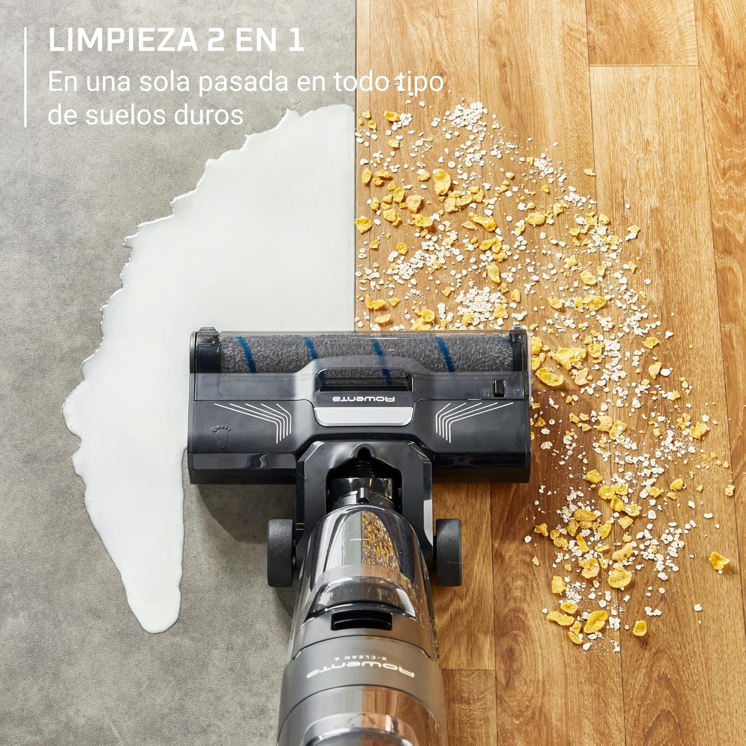 Rowenta X-Clean 4, Aspiradora Fregona Eléctrica Sin Cable, 2 en 1 Aspira y Friega a la vez, 200 W, Pantalla De Control Inteligente, Ajuste Automático De Limpieza: Eco, Auto y Max, Gris, GZ5036WO