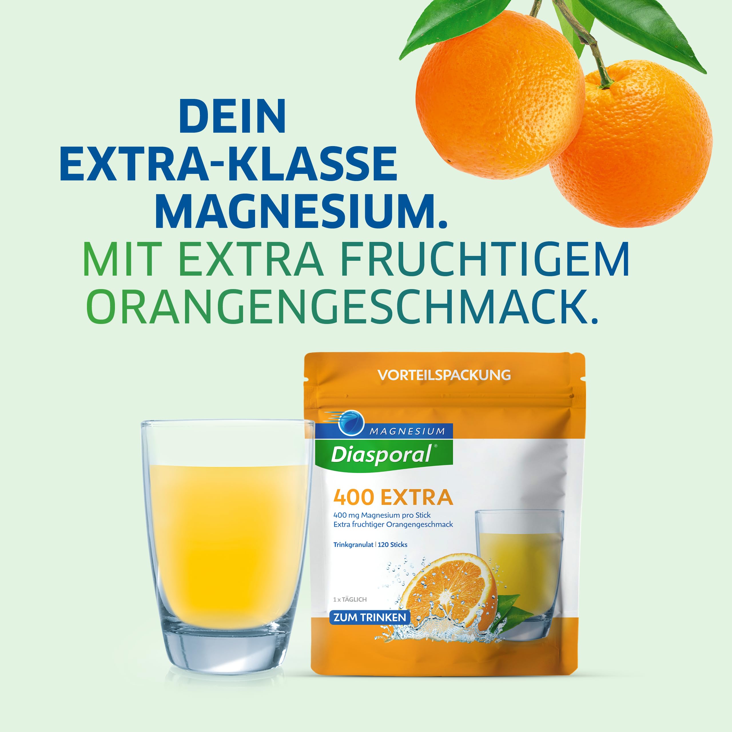 Magnesium-Diasporal 400 EXTRA Trinkgranulat Sticks - 120 Sticks | hochdosiertes Magnesiumcitrat | extra fruchtiger Orangengeschmack | bei erhöhtem Bedarf | vegan, zucker- & glutenfrei