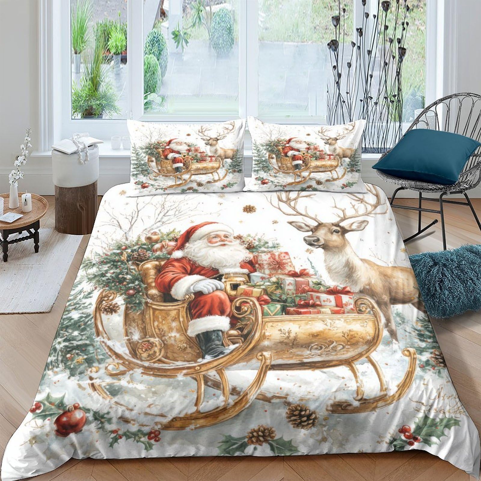 Ctjqhvkz Style-1 3D Printed Christmas Santa Sleigh Fitted Sheet Microfiber Soft Reindeer Bed Cover For Bedroom Guest Room Decor Single（135X200cm）
