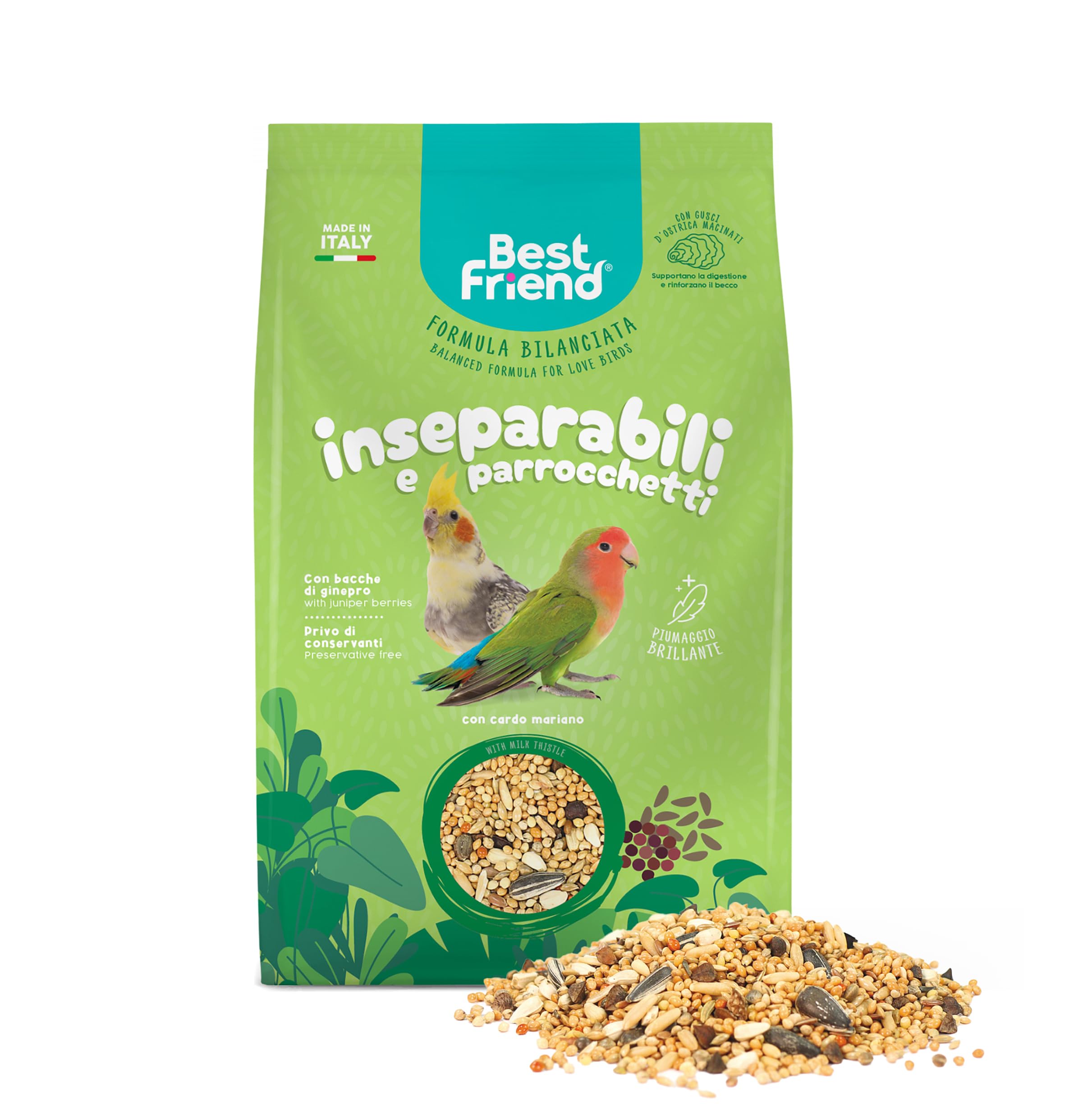 Best Friend Mangime Completo per Inseparabili e Parrocchetti Mangime per gli uccelli con Cardo Mariano. Ingredienti Naturali, Qualità 100% Made in Italy | Confezione da 8 pacchi