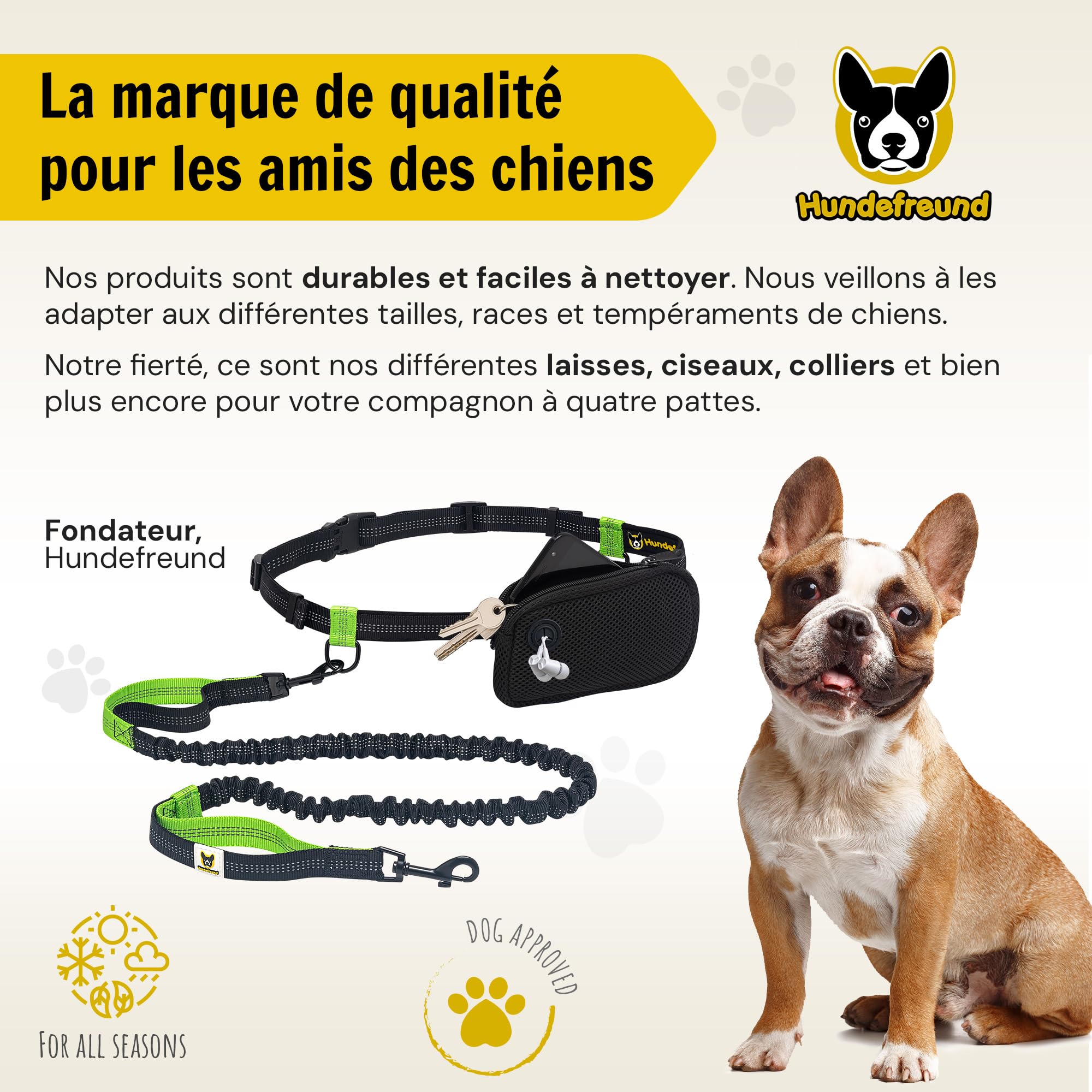 Hundefreund Laisse Mains Libres pour Petit Chien jusqu'à 15 kg – Laisse Bungee Élastique 110-160 cm pour Canicross, Course à Pied & Jogging, Ceinture Réglable 65–120 cm avec Pochette