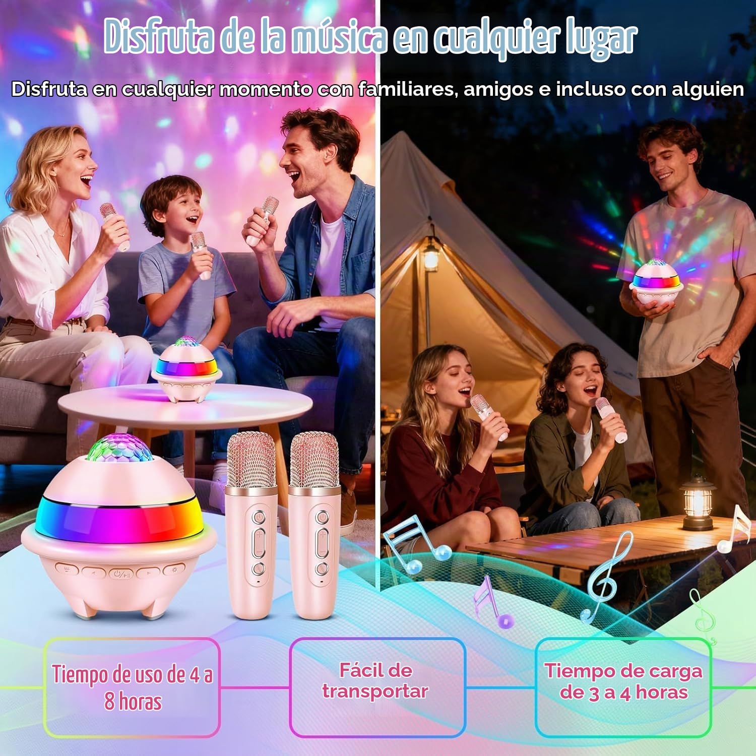 JONRRYIN Karaoke Infantil con 2 Microfonos Inalambricos, Microfono Karaoke Bluetooth con Luces LED Discoteca y Efectos de Voz, Regalo Niñas y Niños, Juguetes Bola Discoteca (Rosa)