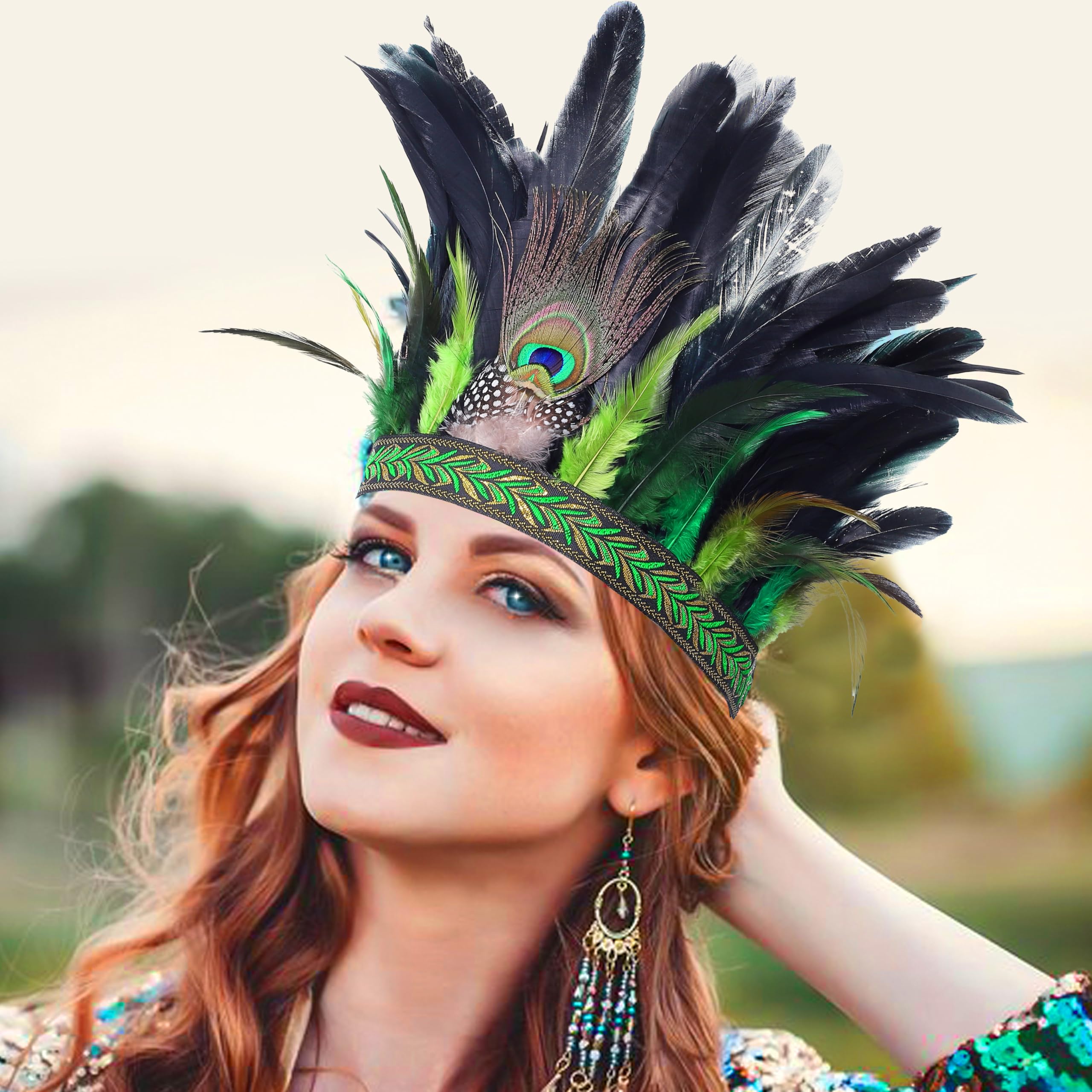 Fashband Peacock Feather Headband Fascinator Decorative Crowns Hippie Headpiece Tribal Festival Costume Headband for Women (Green - Image 4