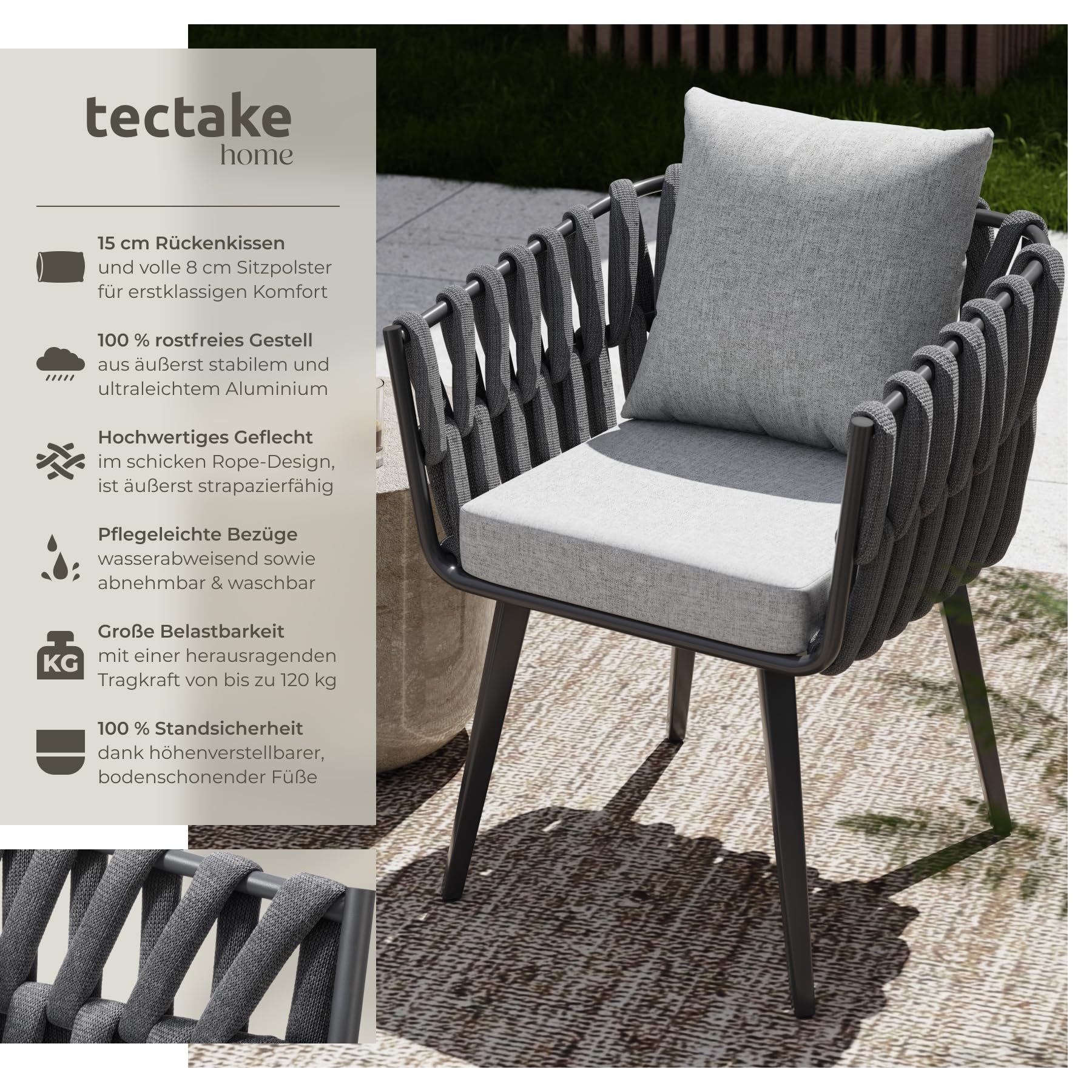 tectake® Gartenstuhl mit Alu Gestell, Outdoor Stuhl aus Metall, Sessel mit Sitzpolster + Kissen, Garten Balkon Terrassenstuhl, Gartensessel, Rope Design Geflecht-Stuhl mit Polster, Lounge wetterfest