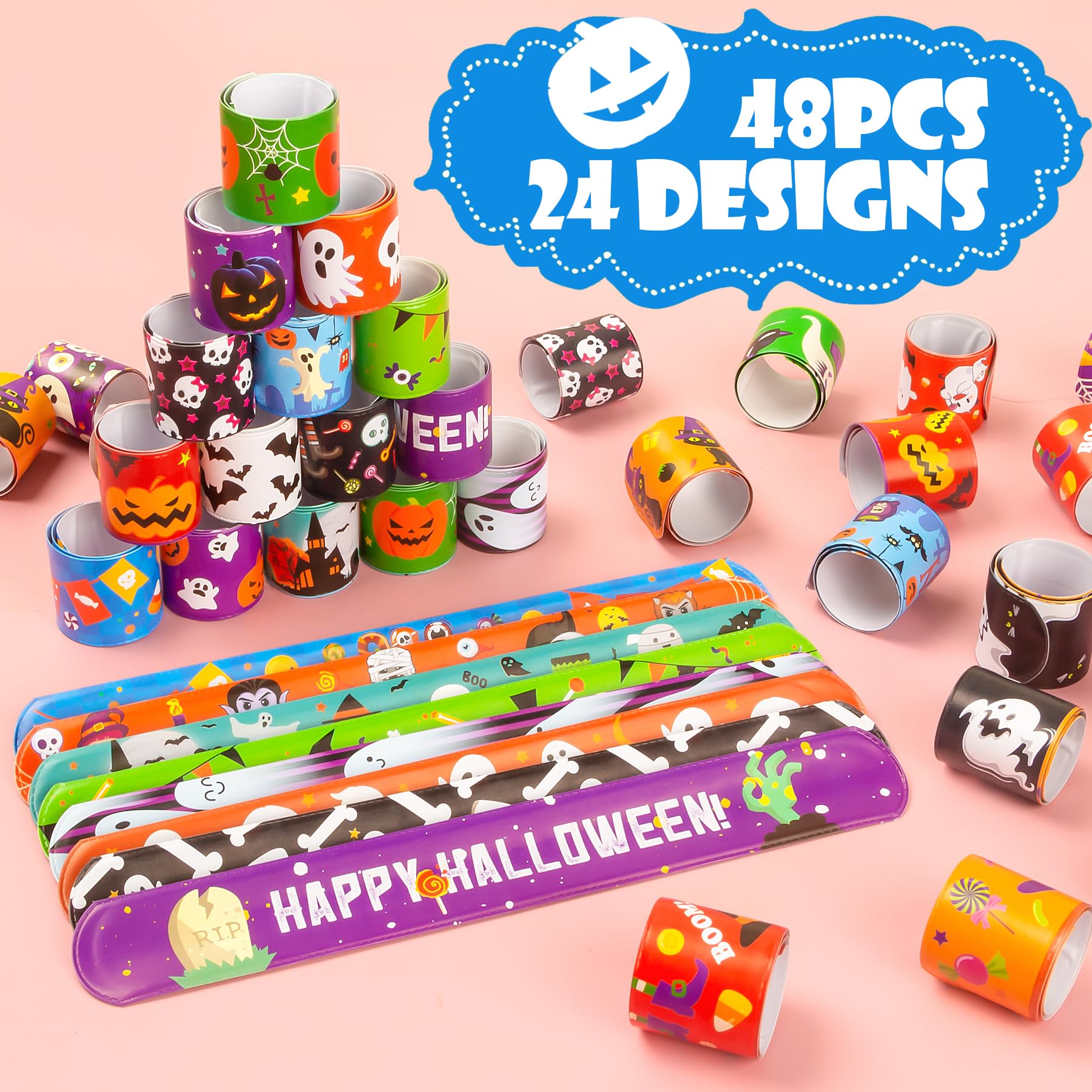 RICEDUO Halloween Slap Bracelet for Kids - 48 Pieces, 24 Colorful Styles, Bulk Halloween Slap Wristbands for Kids Party Favors, Toys Prizes & Goodie Bags Stuffers