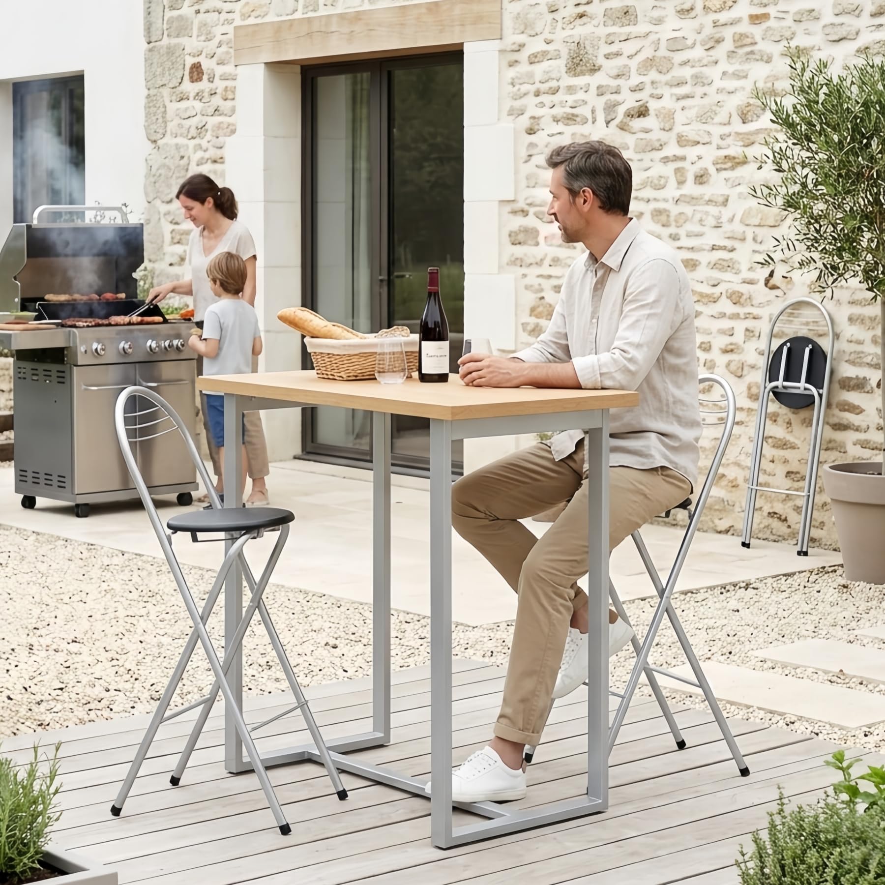 Lot de 4 Tabourets Bar Pliant avec Dossier, Hauteur d'assise 75 cm, Tabouret Haut Pliant Portable, Chaise de Bar Pliante, pour Cuisine Bistro Extérieure, sans Assemblage, Noir et Argent