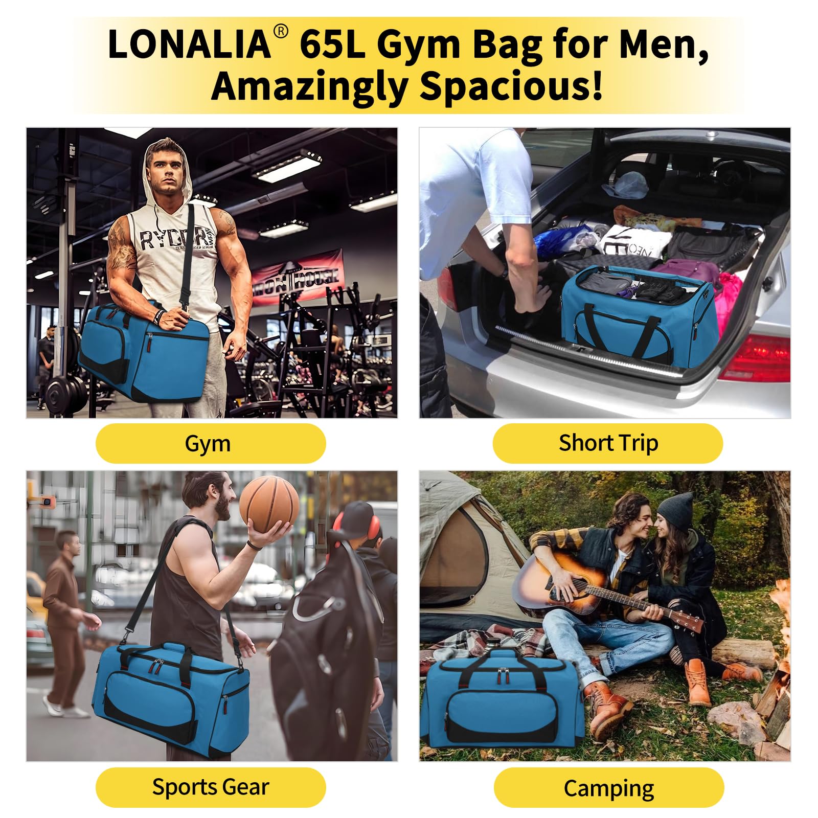 Borsone sportivo, 65l-blu, 65L-24inch, LONALIA Borsone sportivo da palestra