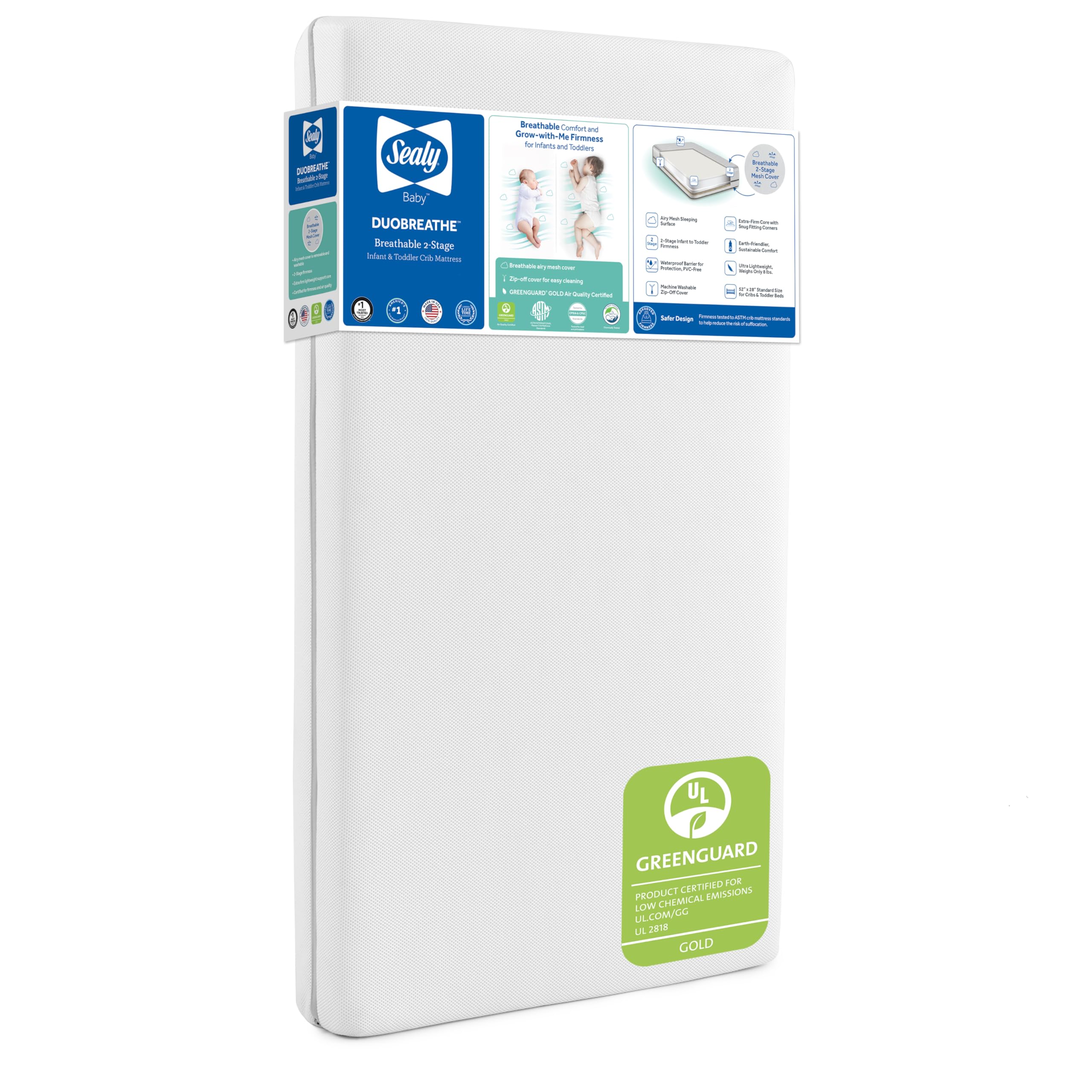 sealy baby duobreathe 2 stage breathable crib mattress, greenguard gold certified, made in usa, waterproof, premium dual firmness and hypoallergenic, toddler bed fit, 52x28