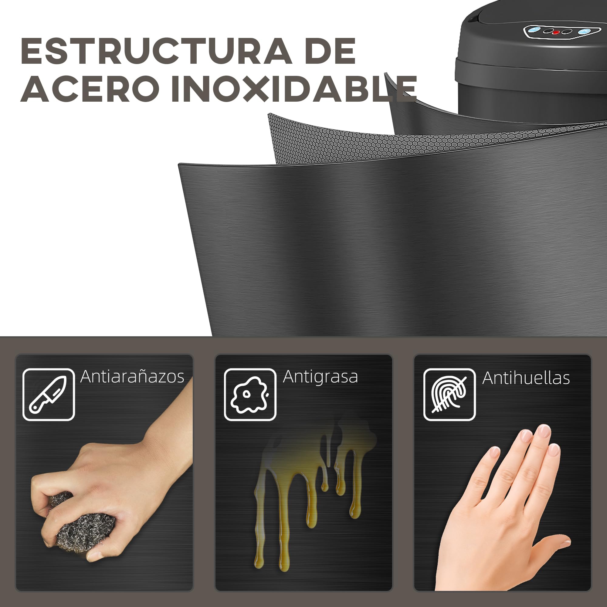 HOMCOM Cubo de Basura Cocina Automático 30 L, Sensor Infrarrojo, Negro | Papelera de Cocina de Acero Inoxidable, Cierre Automático, Antihuellas, para Dormitorio, Oficina