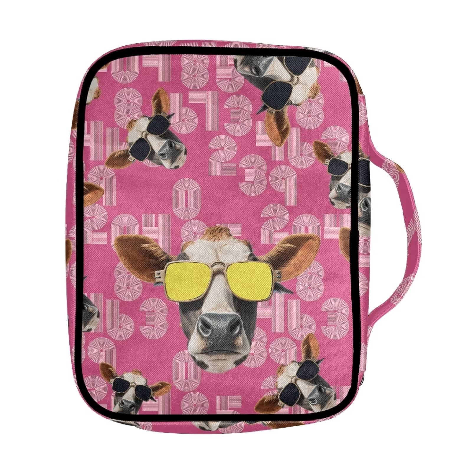 Custodia Per Bibbia E Libri Con Stampa Mucca Rosa, Tasca Con Cerniera E Manico, Porta Penne, 28x22x6 Cm, Per Donne E Ragazze - 2