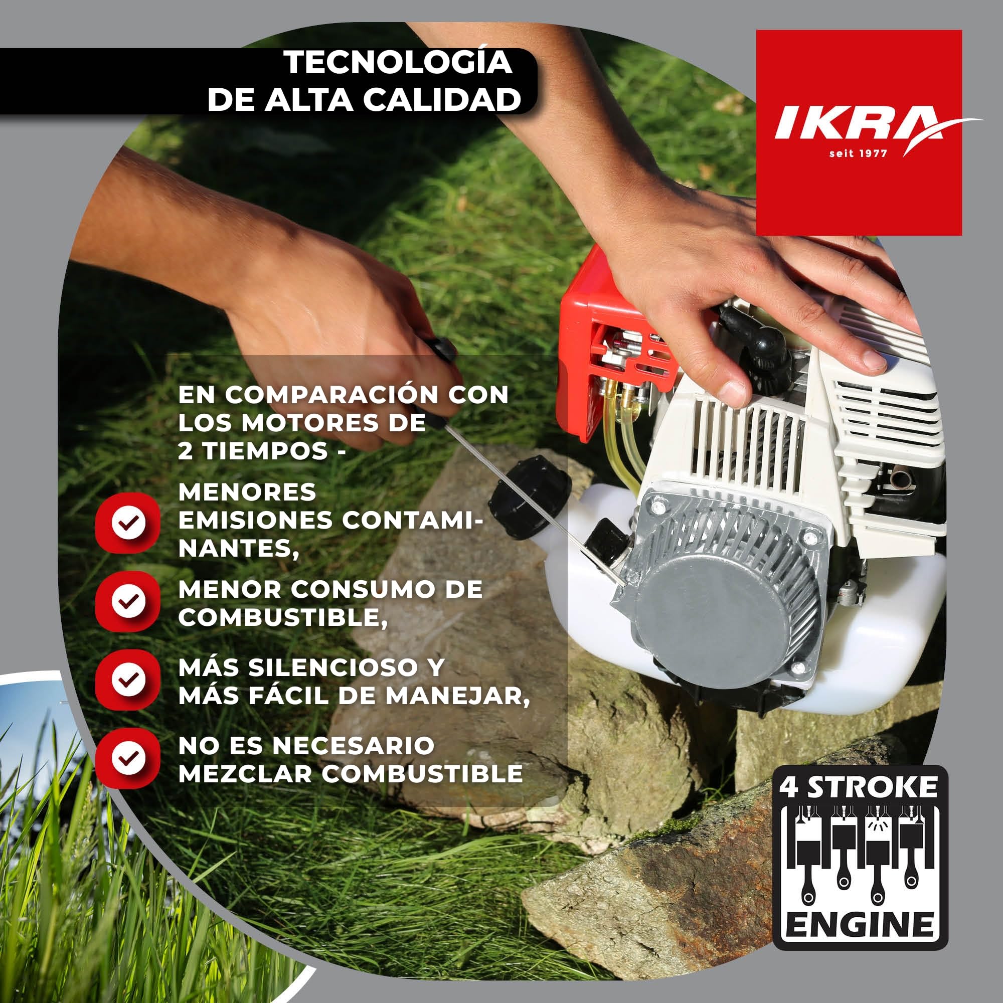 IKRA desbrozadora a gasolina IBF 31-4, con bobina de hilo & cuchilla | 31 cm³, 0,7 kW, sistema antienredos, potente motor de gasolina de 4 tiempos, sistema de arranque fácil