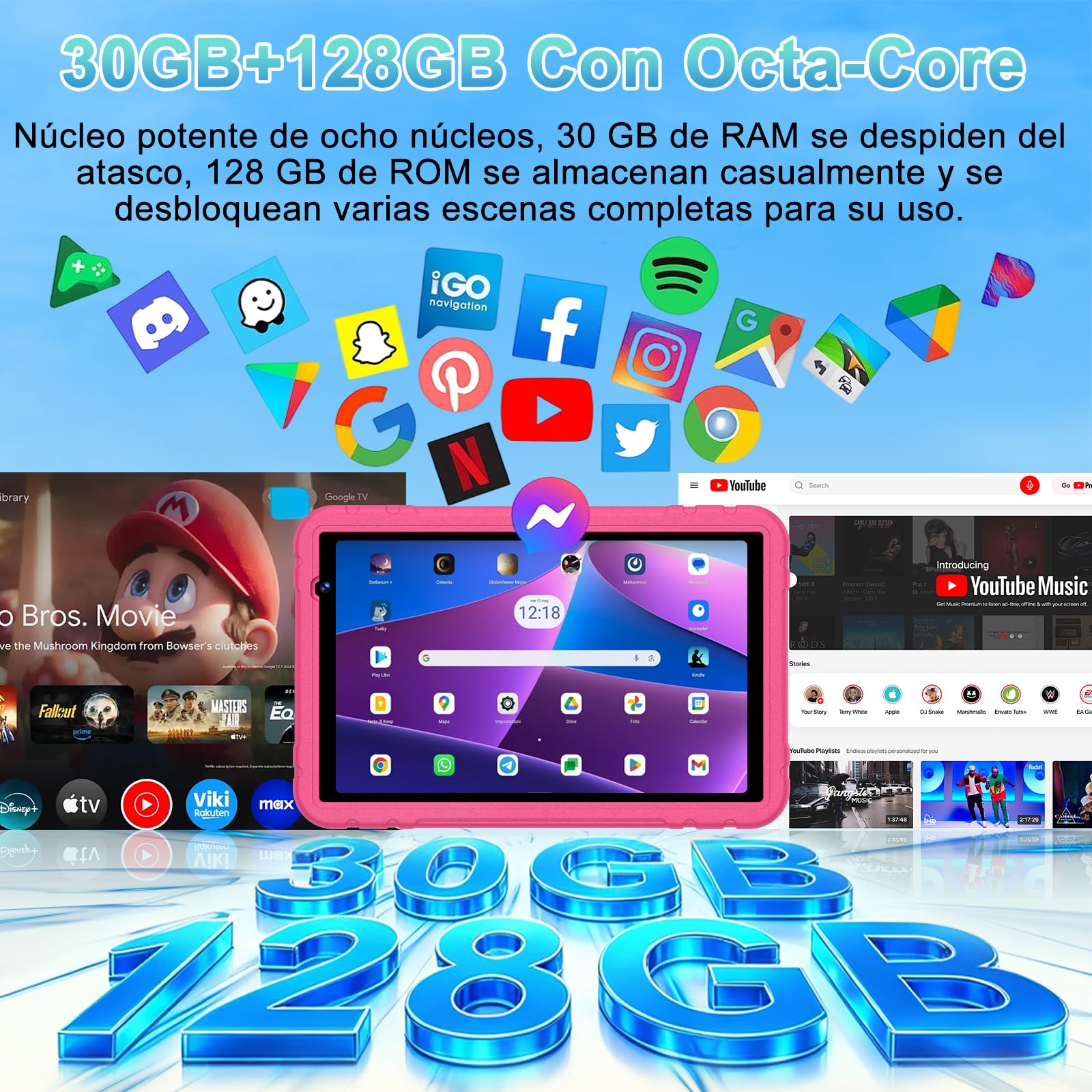 Tablet niños 10 Pulgadas Android 15 con Gemini AI 30 + 128GB (TF 2TB), Octa-Core, GPS, WiFi 6, Widevine L1, 8000mAh, Control Parental, Protective Antichoque Eva + Soporte giratorio de 360° -Rosa