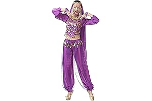 Women Belly Dance Outfit Coins Top Pants Face Veil Set Halloween Costume