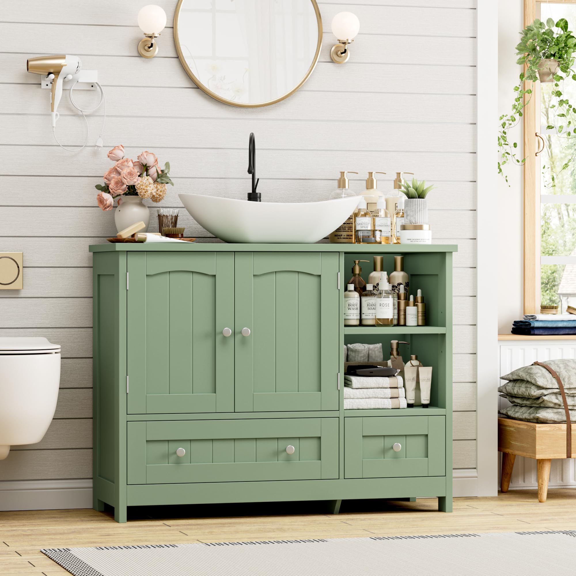 FOREHILL 80cm Mueble Bajo Lavabo, Mueble Baño, Mueble Lavabo con Pie | con 2 Puertas, 2 Cajones, Verde, 80x30x65cm