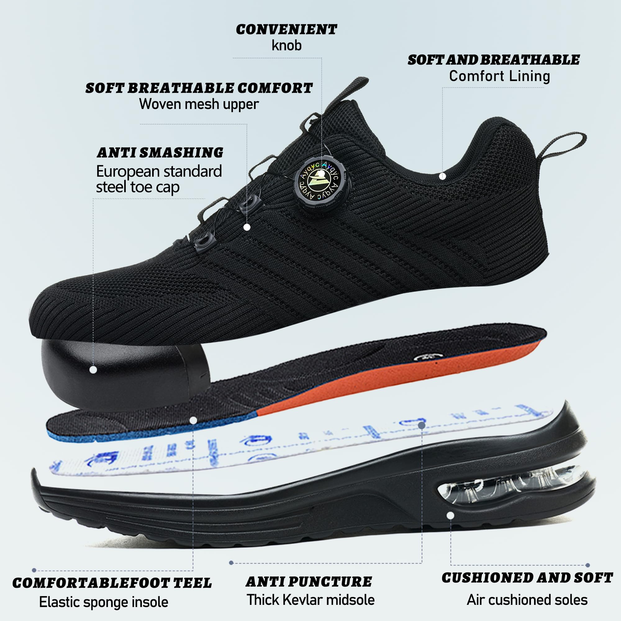 Buty ochronne męskie ze stalowym noskiem, buty ochronne damskie, lekkie buty ochronne, oddychające, antypoślizgowe, robocze buty ochronne z poduszką powietrzną, obrotową klamrą, sznurówki, czerń 2, 40