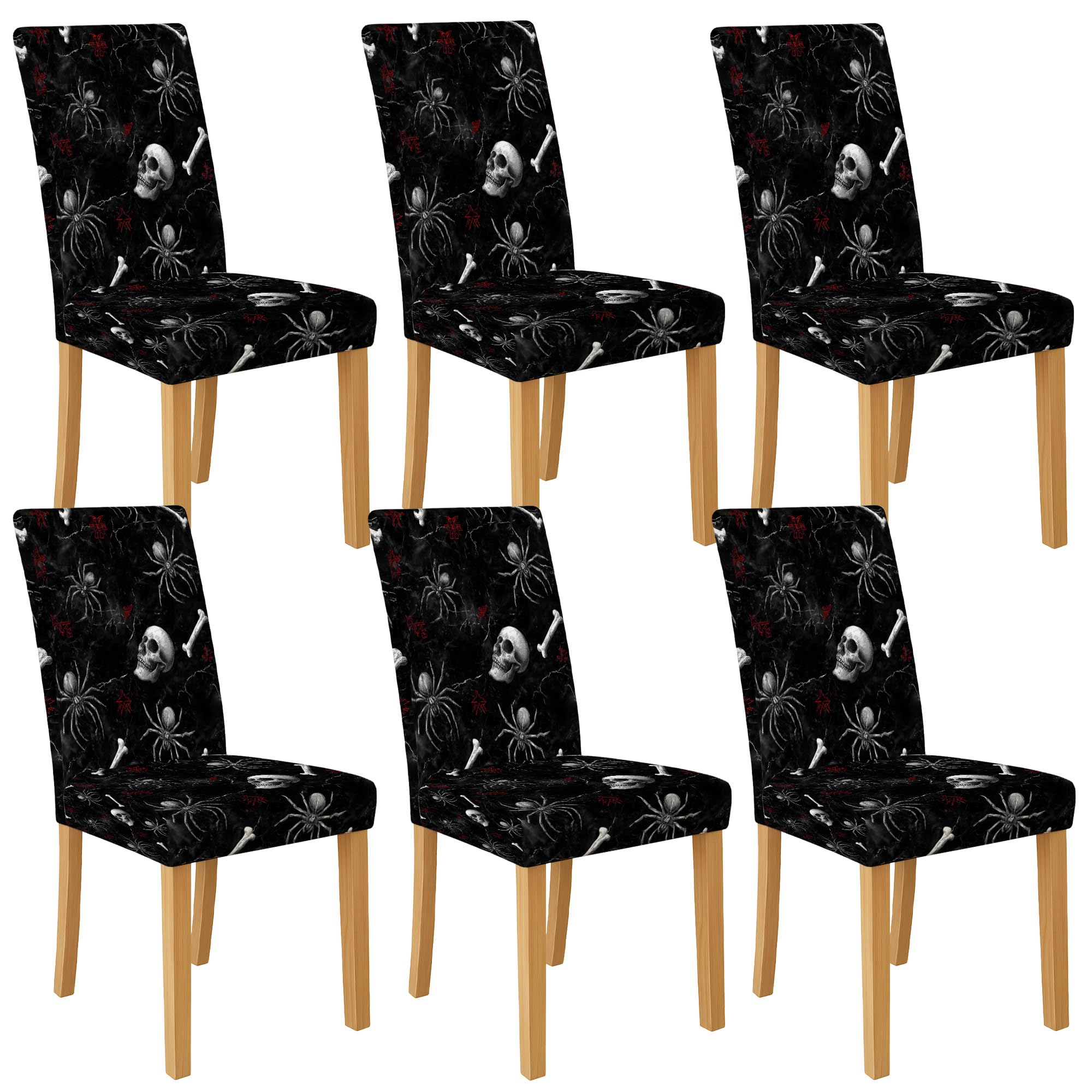 Spooky Skull and Spider Chair Covers for Dining Chairs, Stretch & Washable Spandex Slipcovers, Halloween Decorative Seat Protectors for Home Decor 6PCS