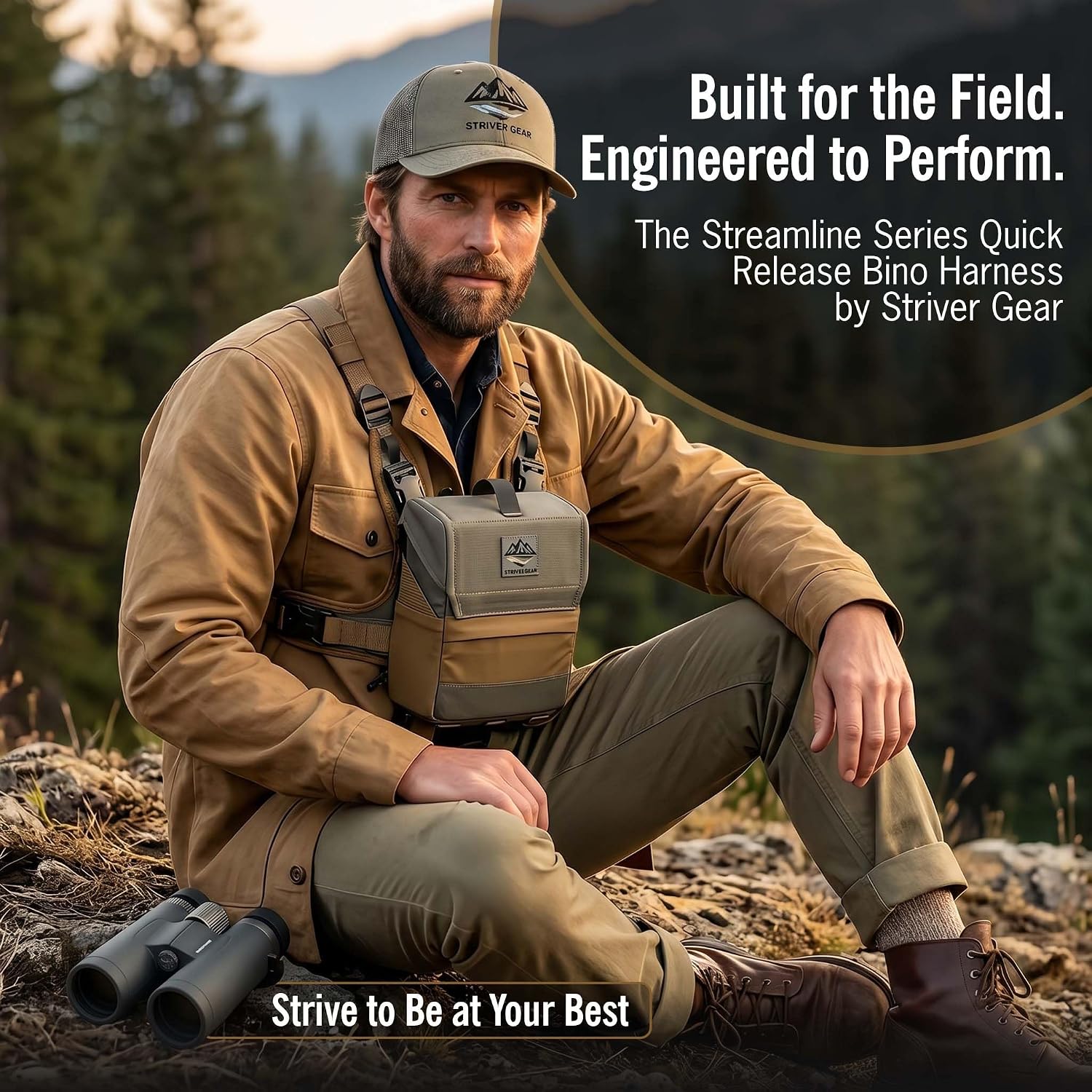 Quick Release Binocular Harness Chest Pack | One-Hand Operation Hunting Bino Harness with Front Pocket, Rain Cover & Accessory Attachment Points | Crafted with Strong 500D Cordura Fabric