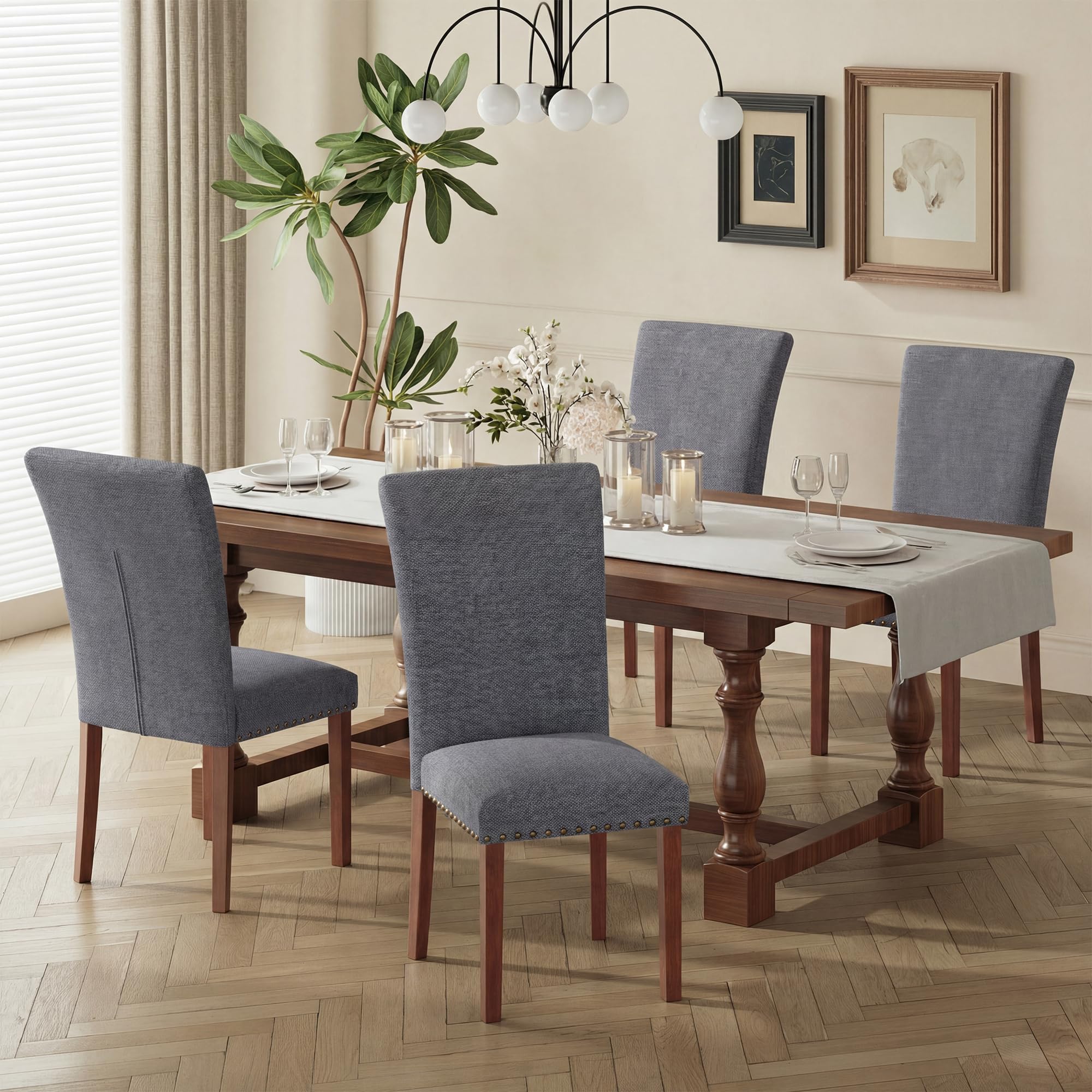 COLAMY Upholstered Parsons Dining Chairs Set of 4, Fabric Dining Room Kitchen Side Chair with Nailhead Trim and Wood Legs - Dark Grey