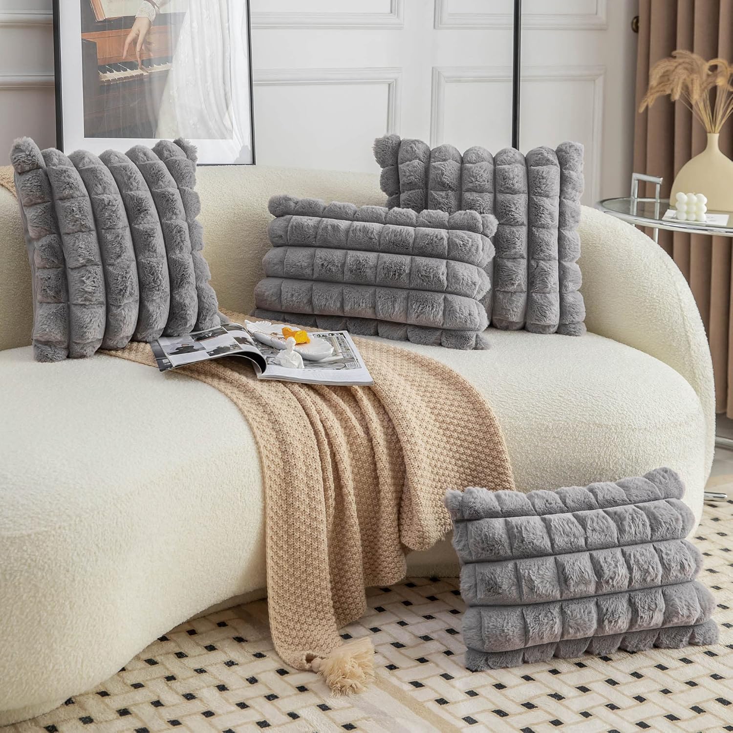 Neelvin Grey Faux Fur Cozy Soft Plaid Decorative Throw Pillow Covers 18x18 inch Set of 2,Velvet Pillowcase Cushion Case for Sofa Couch - Image 4