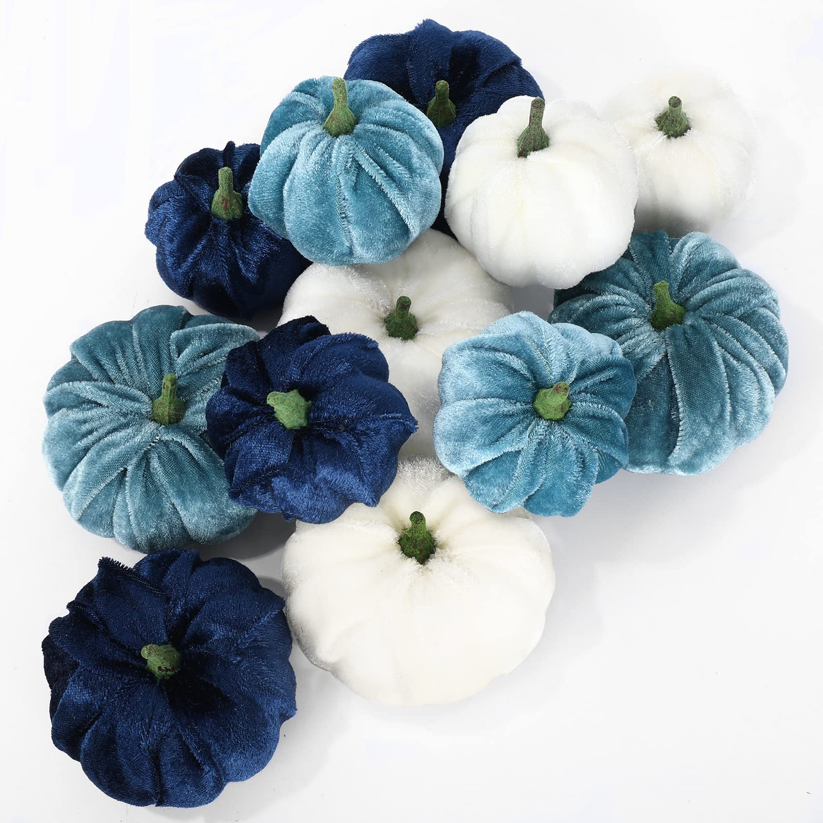 Whaline 12Pcs Fall Thanksgiving Velvet Pumpkin Blue White Artificial Pumpkins 2 Sizes Fake Fabric Pumpkin Autumn Table Centerpiece for Thanksgiving Halloween Party Mantel Farmhouse Decor