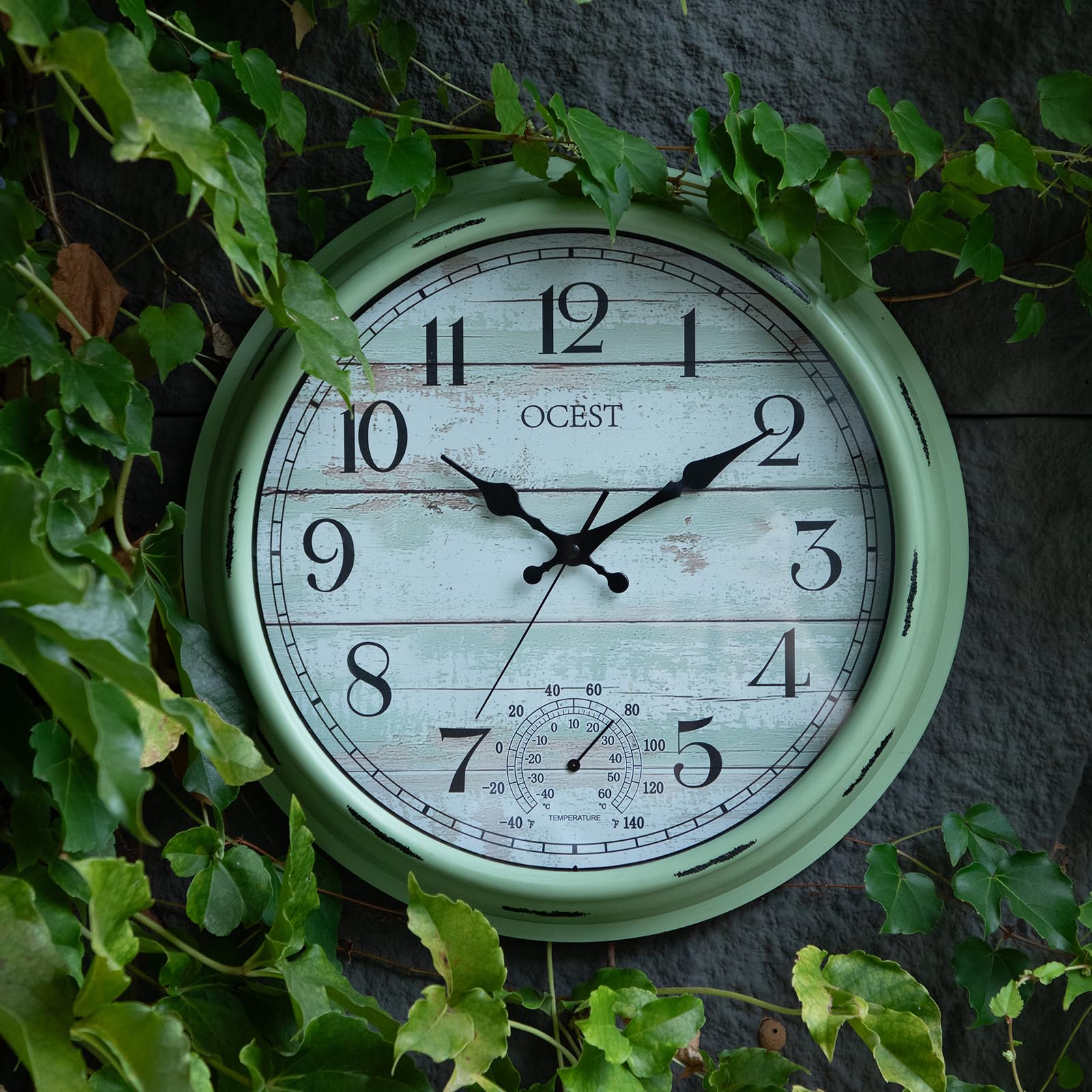 OCEST Grande horloge murale étanche pour intérieur et extérieur de 40,6 cm avec thermomètre, silencieuse, sans tic-tac, fonctionne à piles, décoration pour terrasse, piscine, porche, jardin, garage